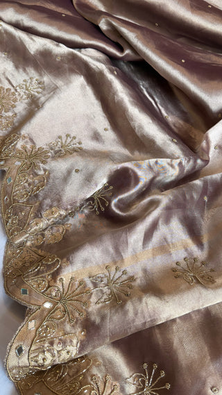 Husn dreamy grey tissue silk heavy hand embroidered saree
