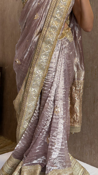 Lehenga style saree edit - Dusty pink diamond tissue silk tilli work hand embroidered gotapatti skirt border saree