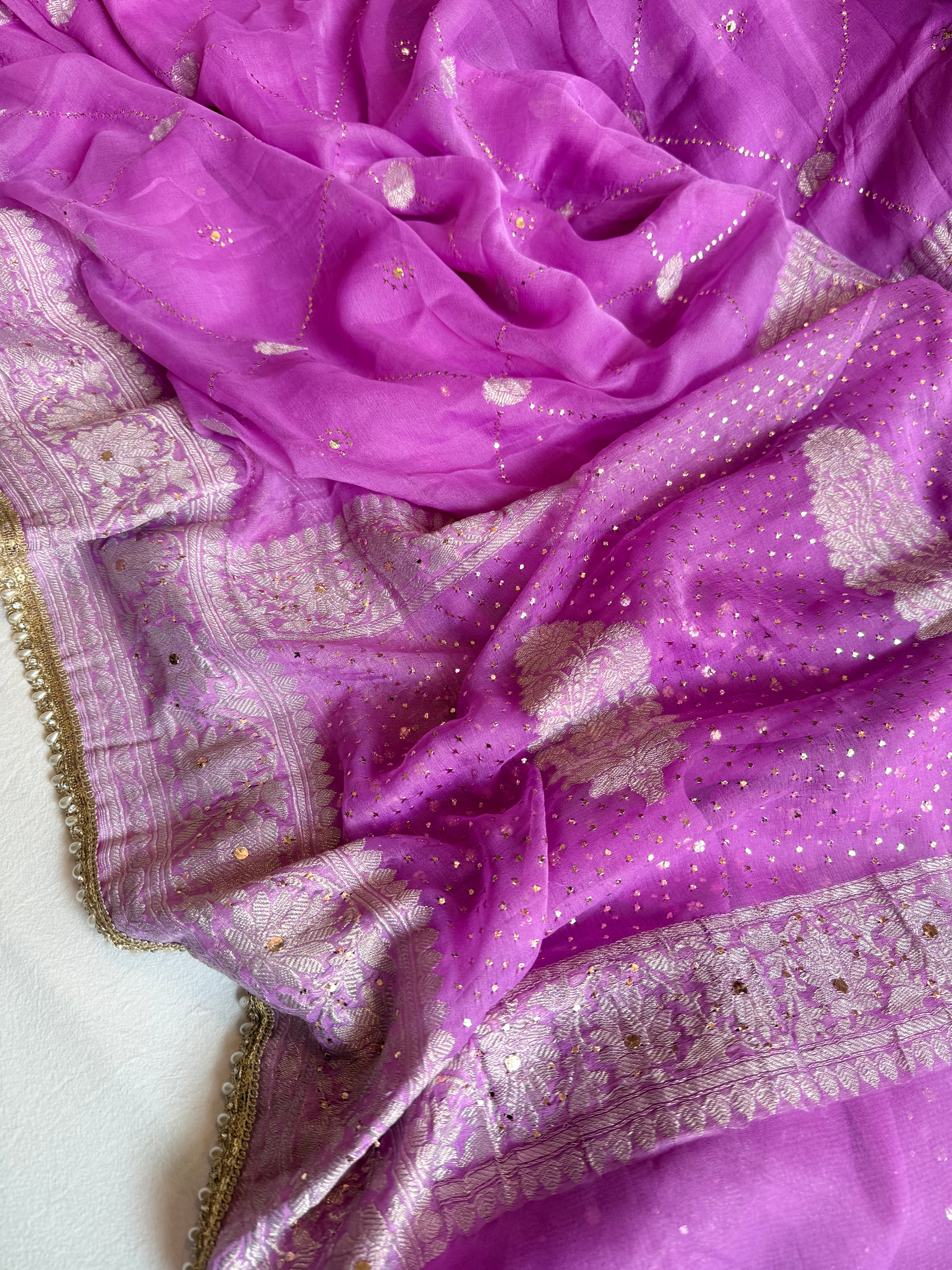 Chiffon gorgette banarasi violet mukaish work hand embroidered saree