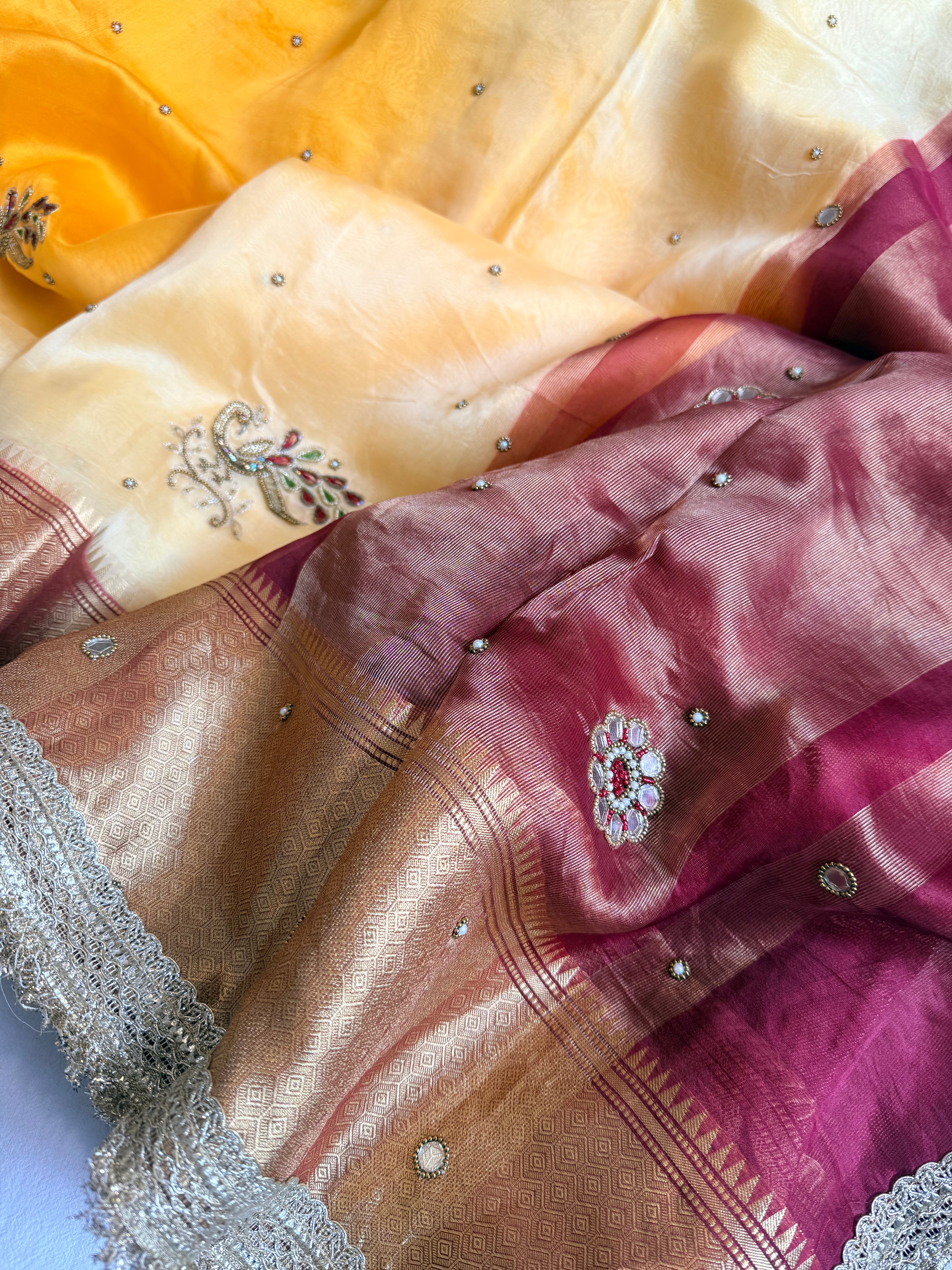 Husn ganga jamuna contrast border kora silk hand embroidered saree