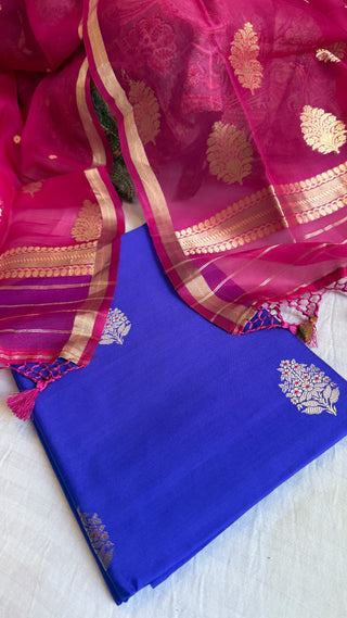 Banarasi ink blue-rani pink chiniya silk kadhwa suit set