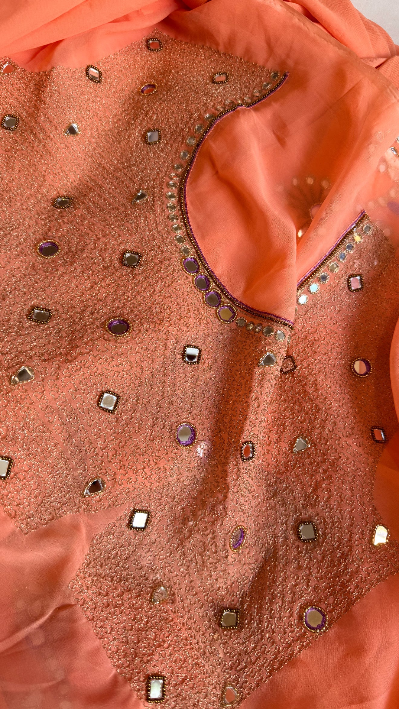 Mother’s Day offer - Peachy orange chiffon gorgette mirrorwork hand embroidered sarees