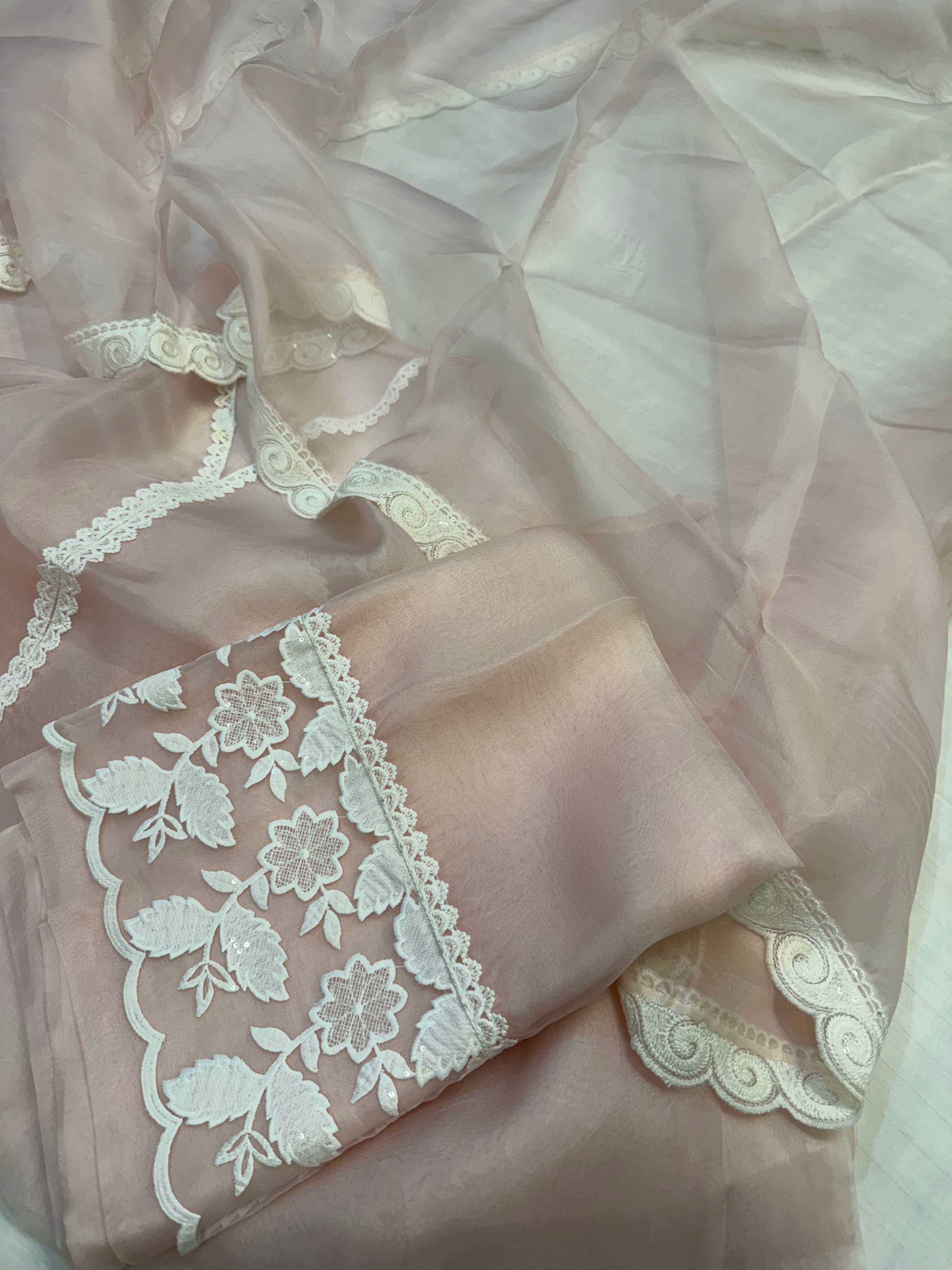 Rose pink kora silk lacework kadhwa suit set