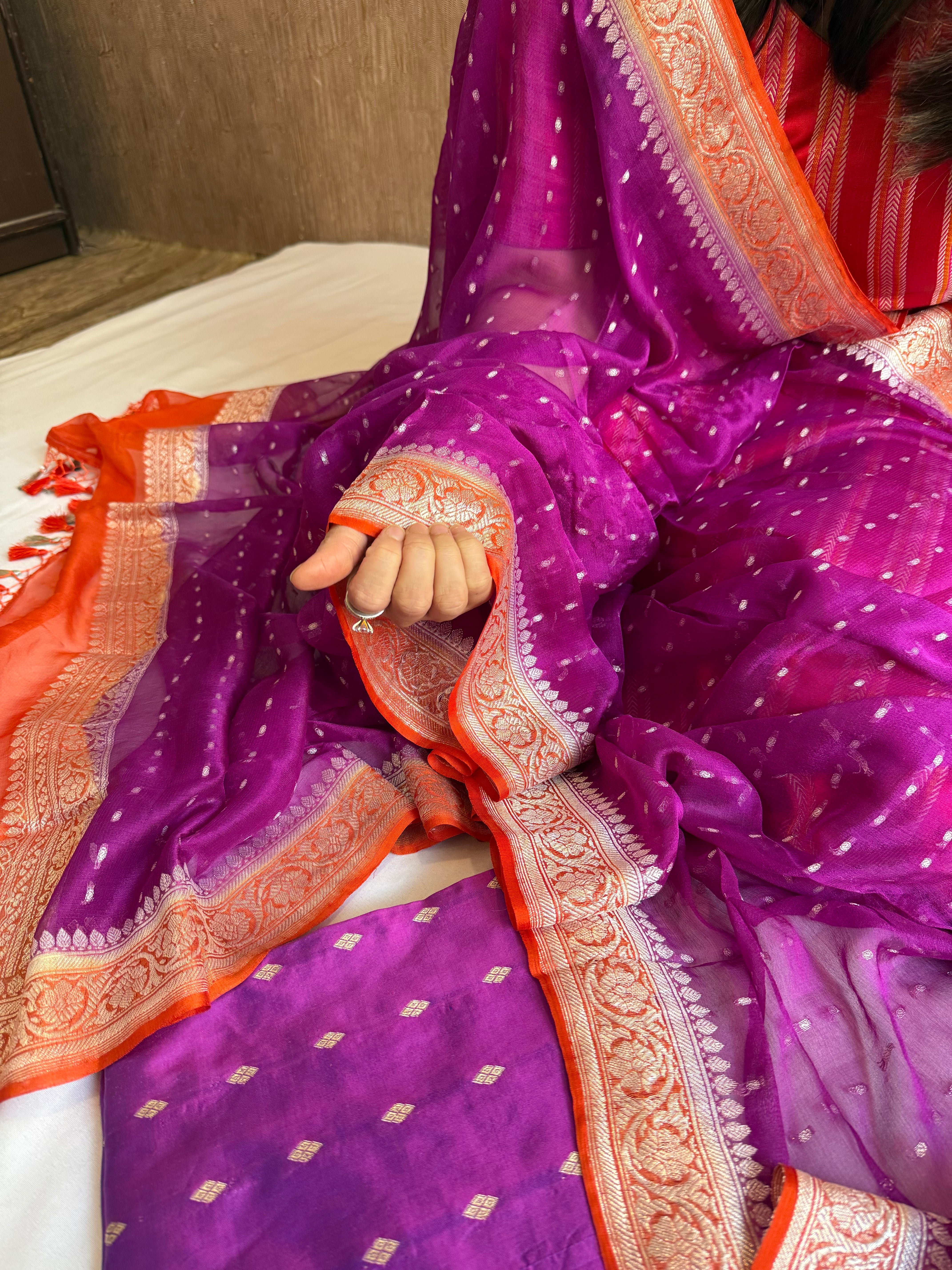 Magenta purple-fanta orange katan silk kadhwa buti kurta paired with chiffon gorgette chap dye duppata set