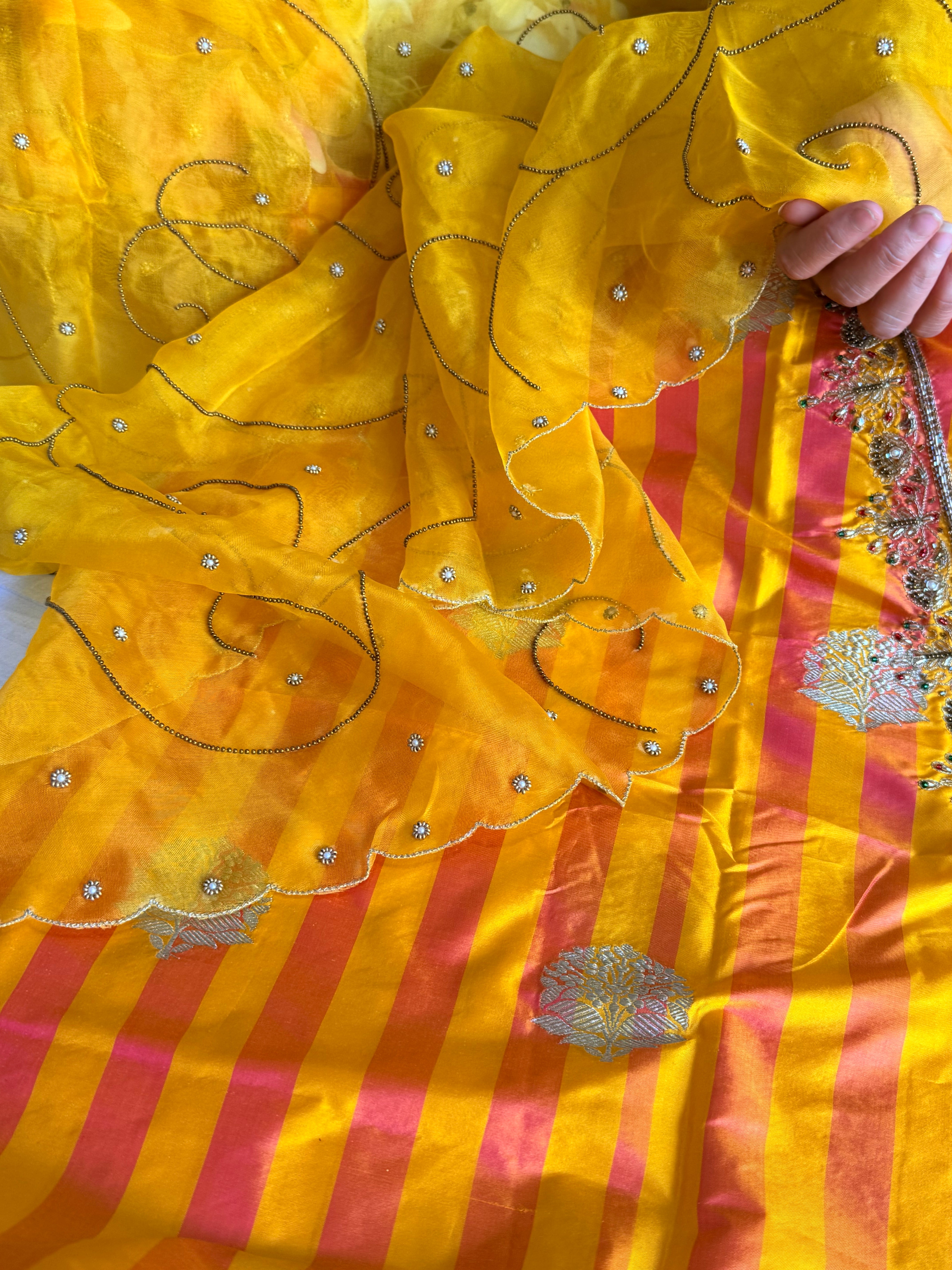 Katan silk striped kadhwa hand embroidered dhup chao effect suit set