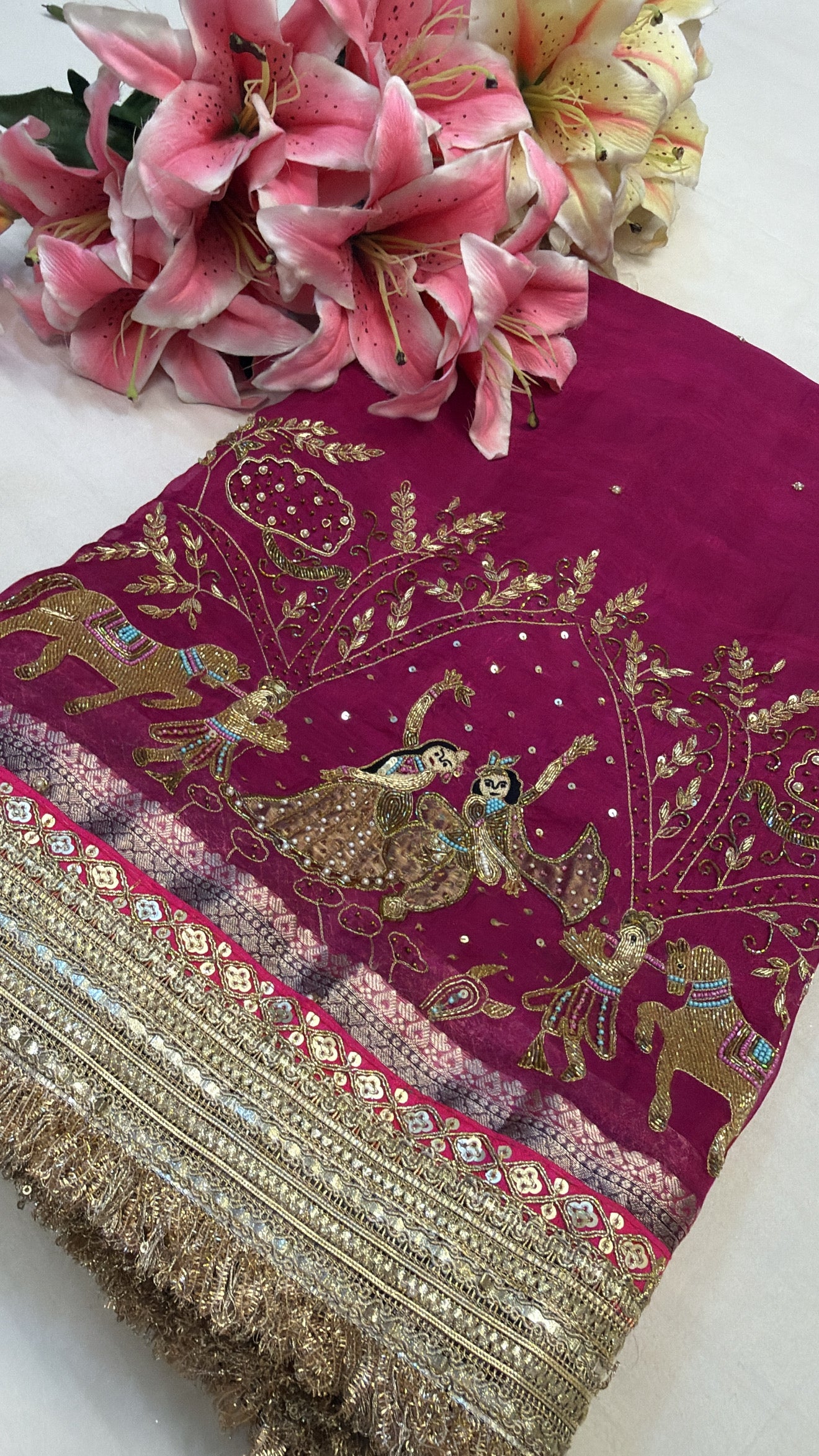 Rani pink rasleela husn hand embroidered kadhwa tissue silk saree