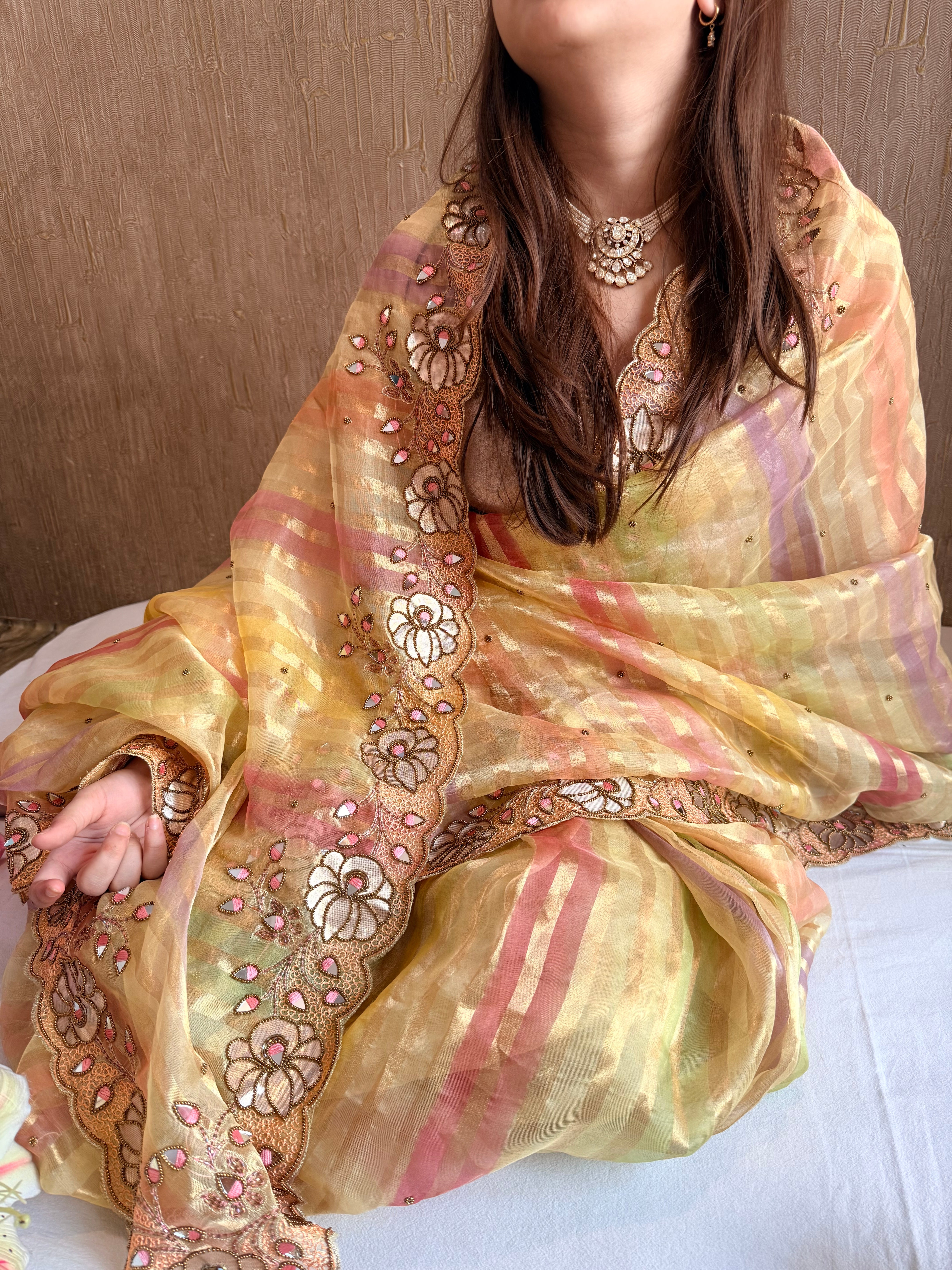 Phool wali rangeen tissue silk striped rangkaat hand embroidered saree