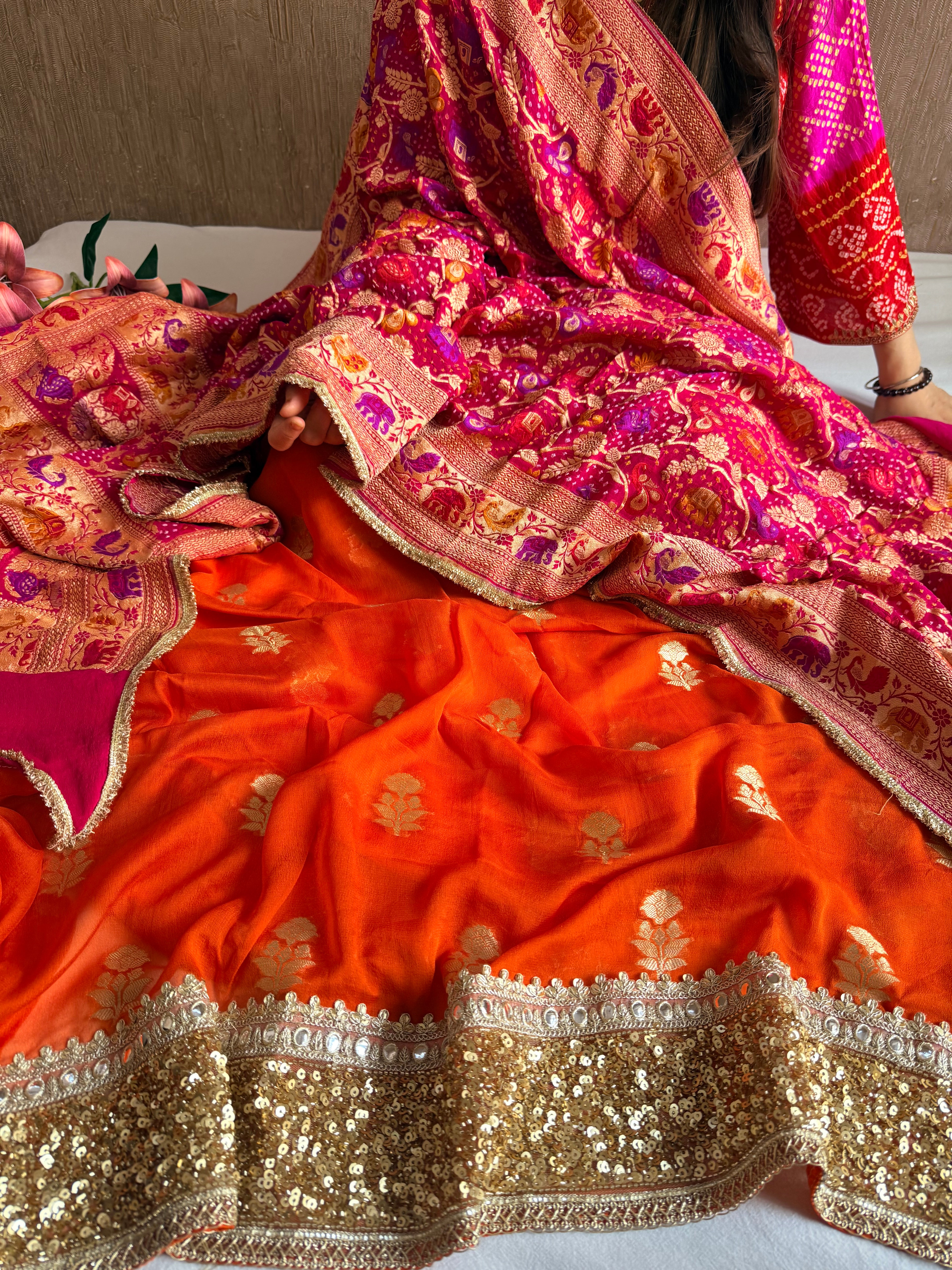 Rai bandhej chiffon gorgette sequin work hand embroidered suit set