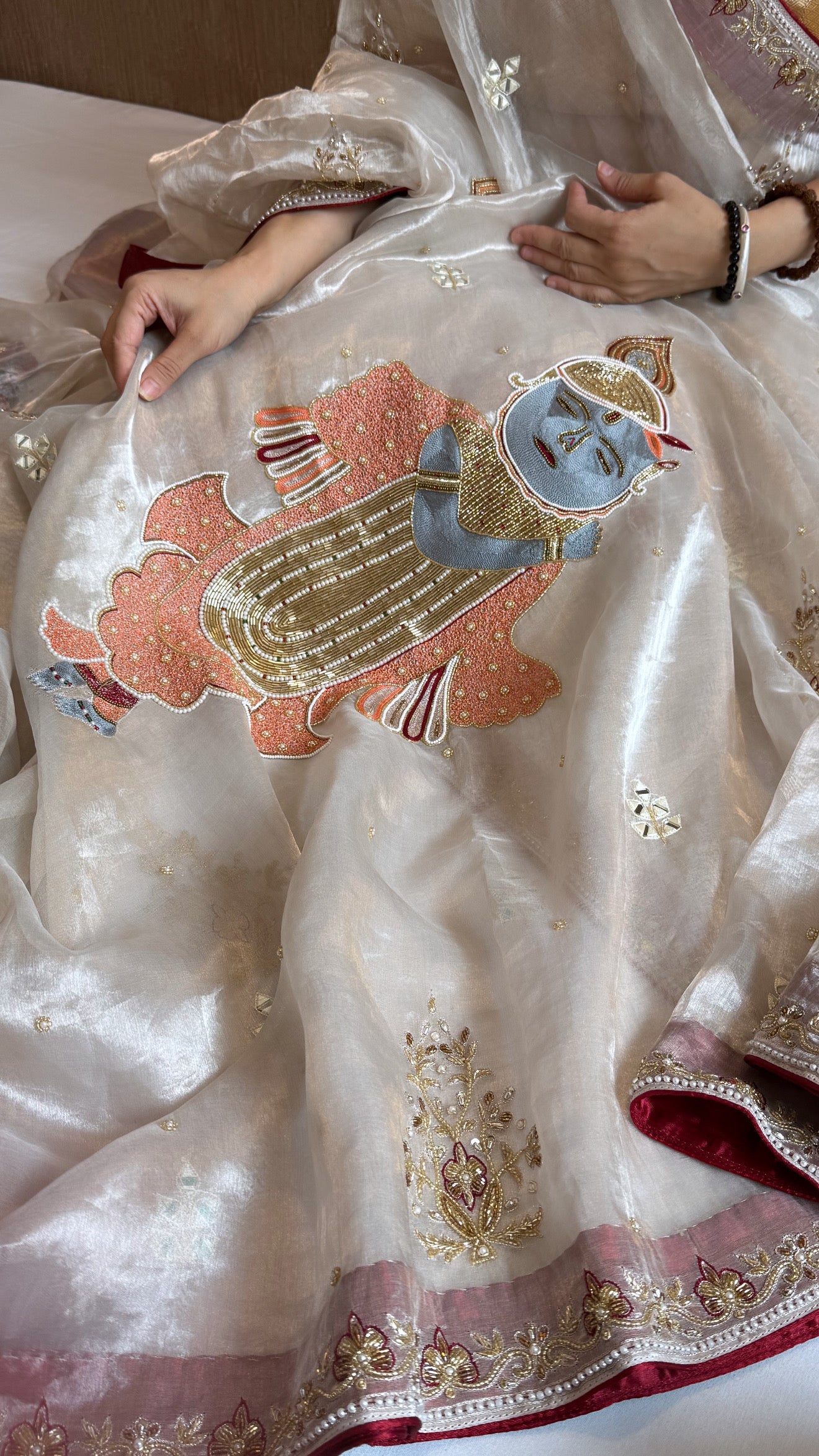 Radhika merchant inspired shreenathji motif diamond tissue silk hand embroidered saree