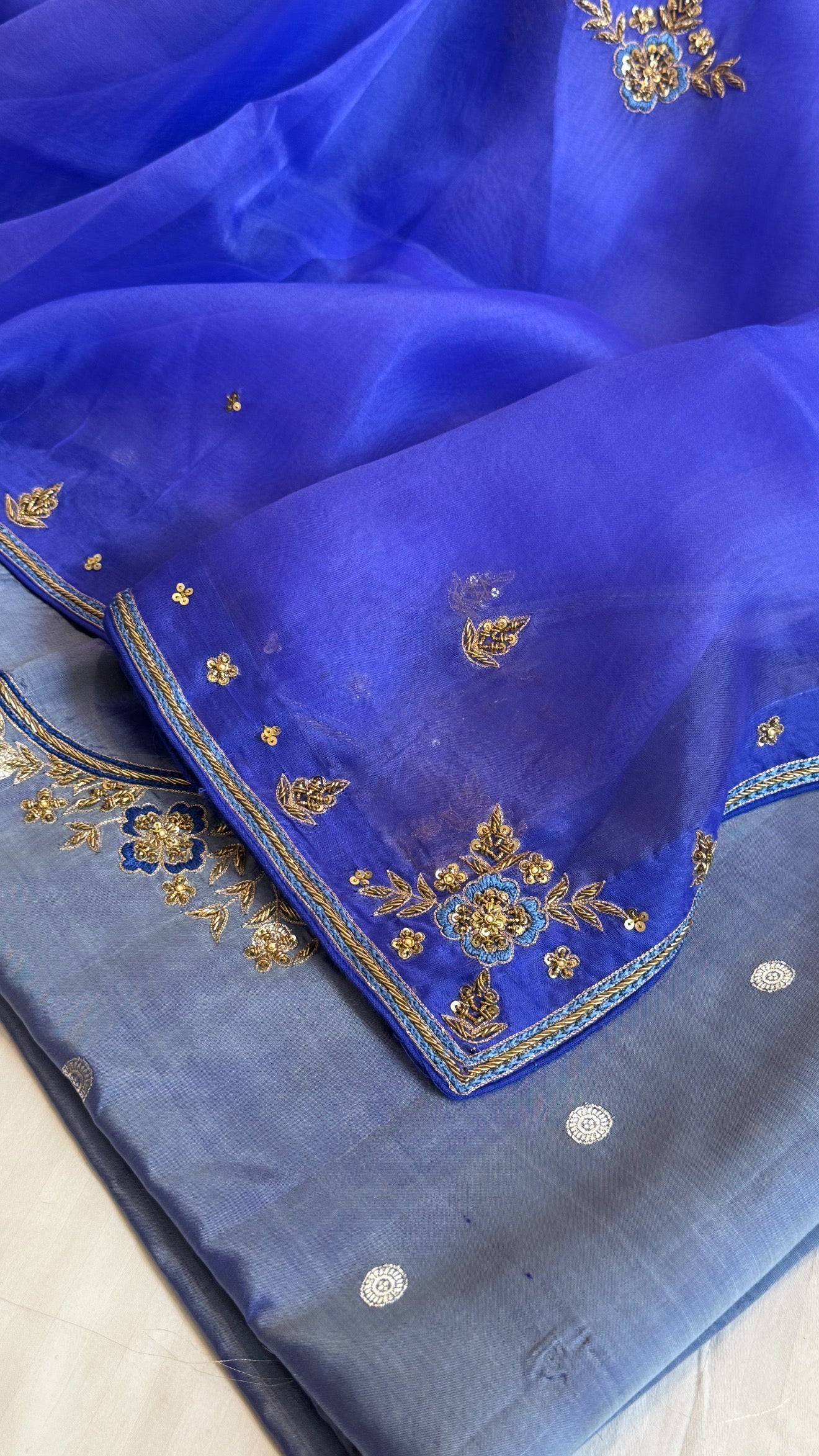 Blush blue - ink blue shade katan silk hand embroidered kurta paired with kora silk zardozi duppata