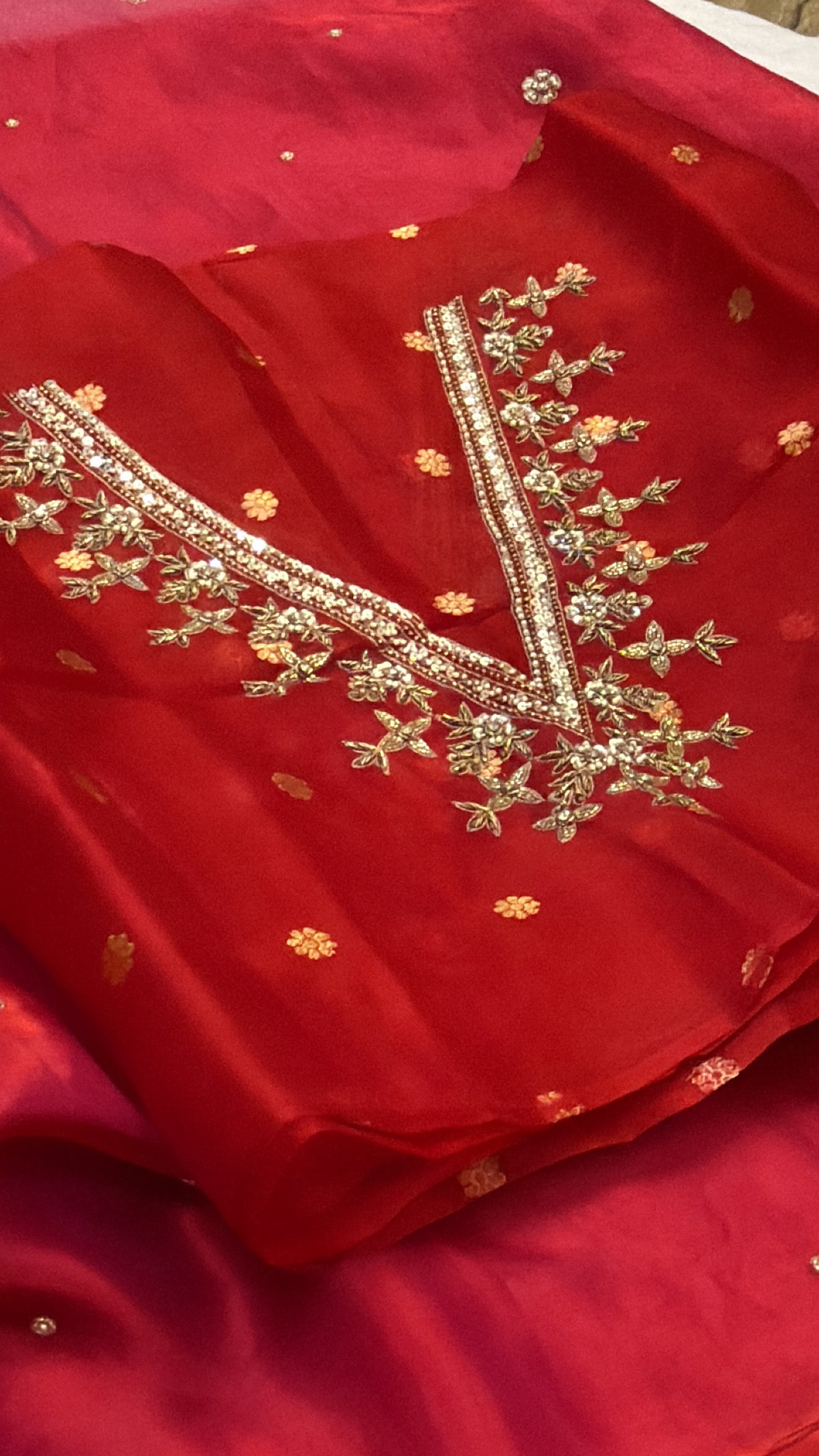 Dhup chao effect red rani tissue silk zardozi hand embroidered banarasi saree