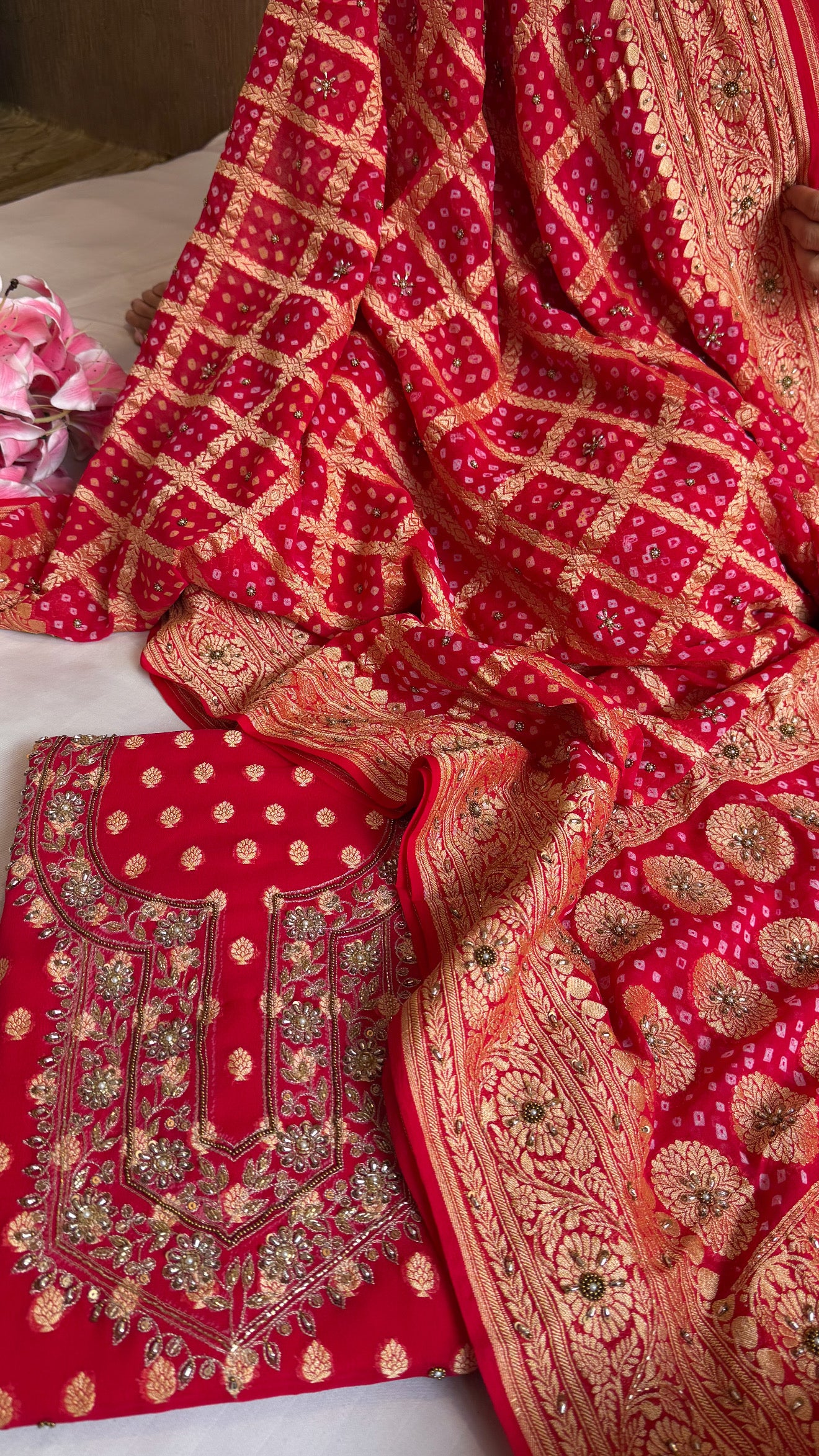 Red rai bandhej kadhwa gorgette hand embroidered suit set