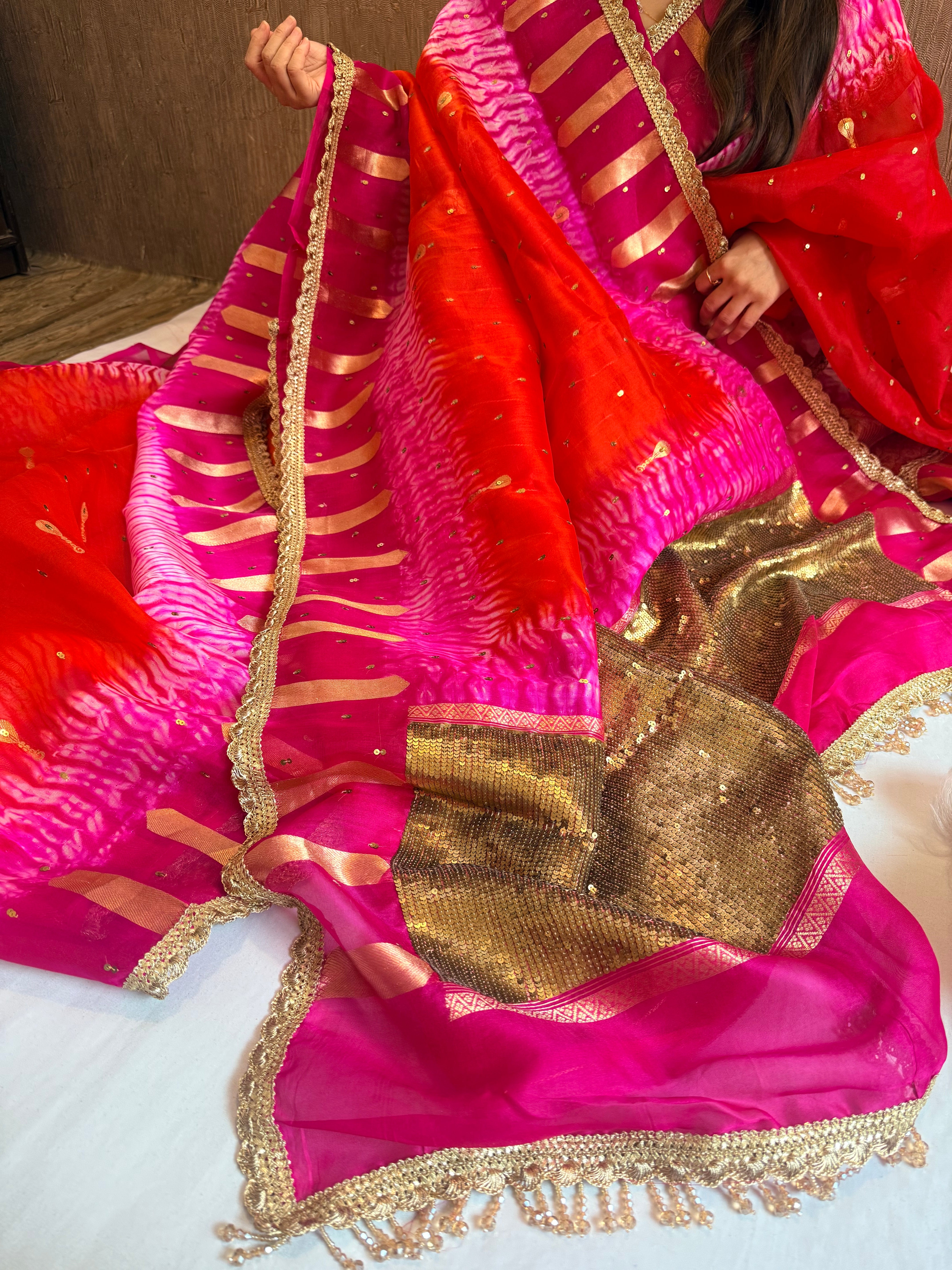 Shibori dye kora silk salma sitara work hand embroidered sequins saree