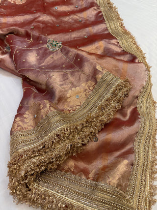 Cocktail wali saree - English peach tissue silk hand embroidered saree