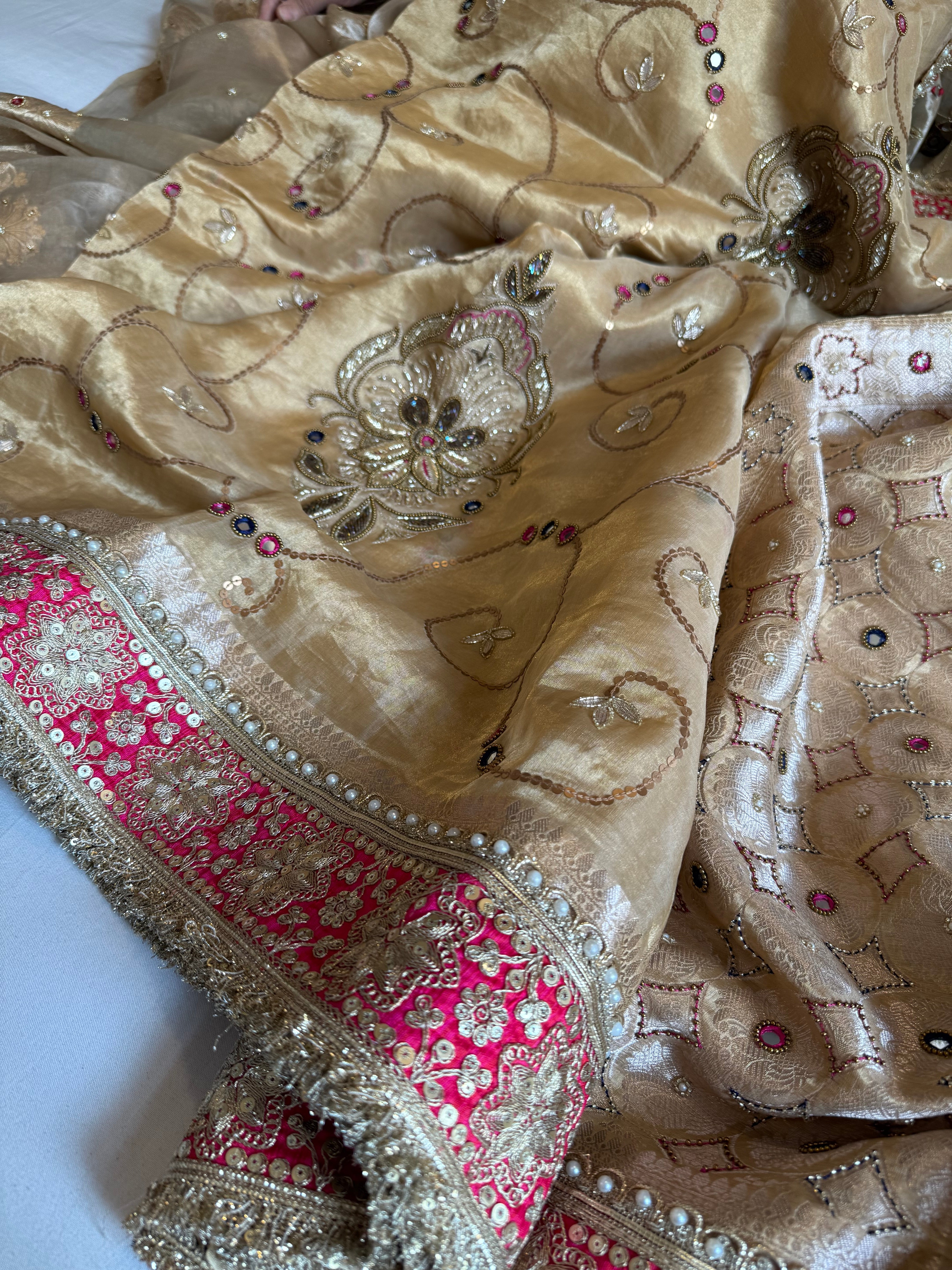 Kutchi inspired “sheesham edit” mirror work and meenakari work hand embroidered saree