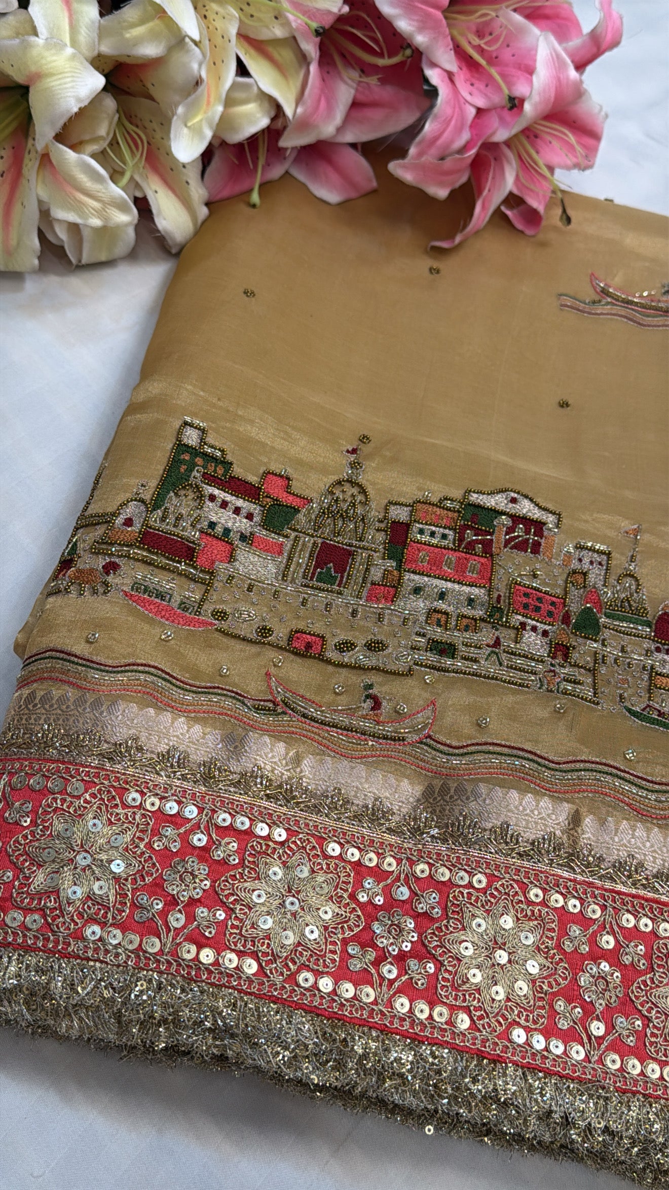 Soft golden banarasi ghat hand embroidered tissue silk kadhwa saree