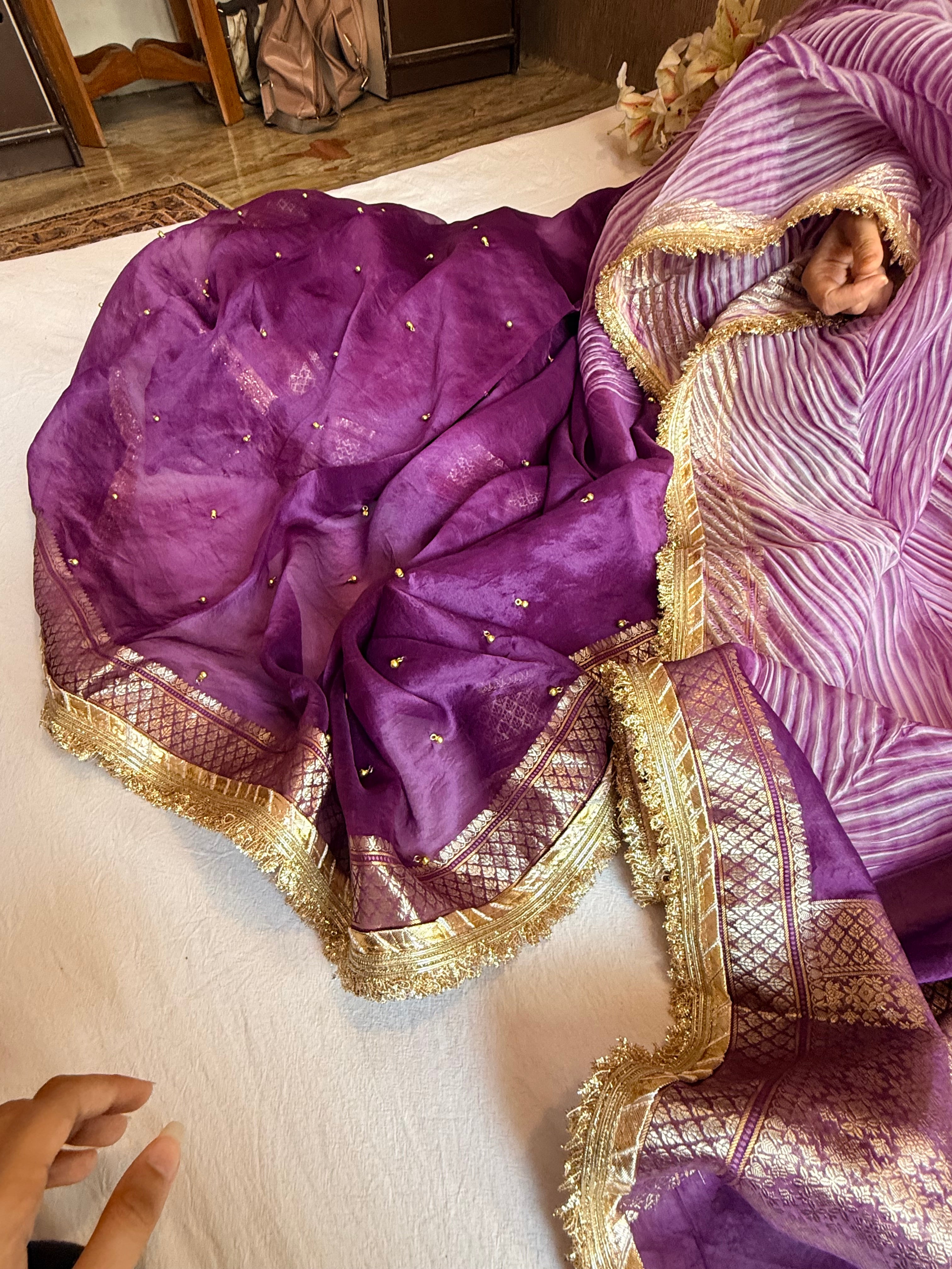 Arshi dye ghungro work kora silk banarasi kadhwa weaving saree