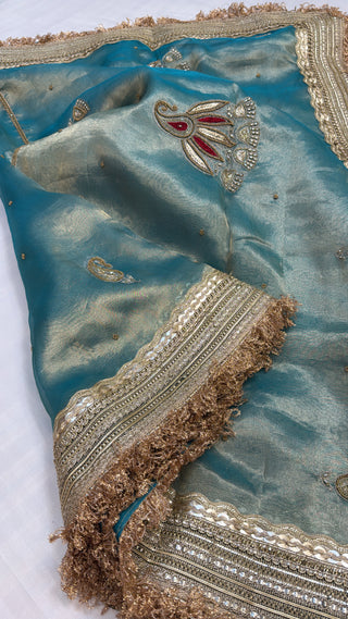 Cocktail wali saree — Aqua blue tissue silk hand embroidered saree