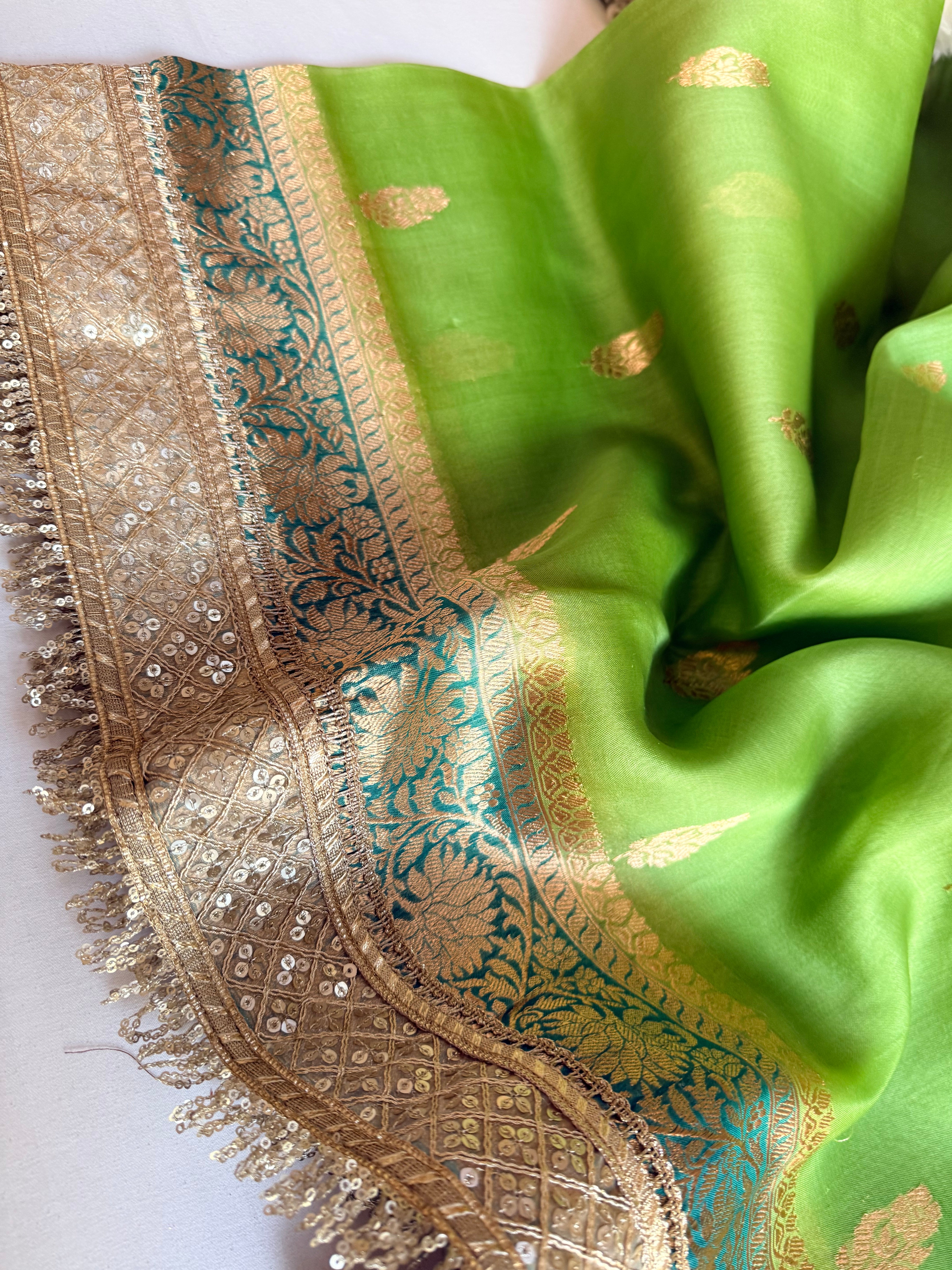 Banarasi leela parrot green-teal combination kora silk saree
