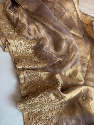 Husn soft grey tissue silk heavy hand embroidered saree
