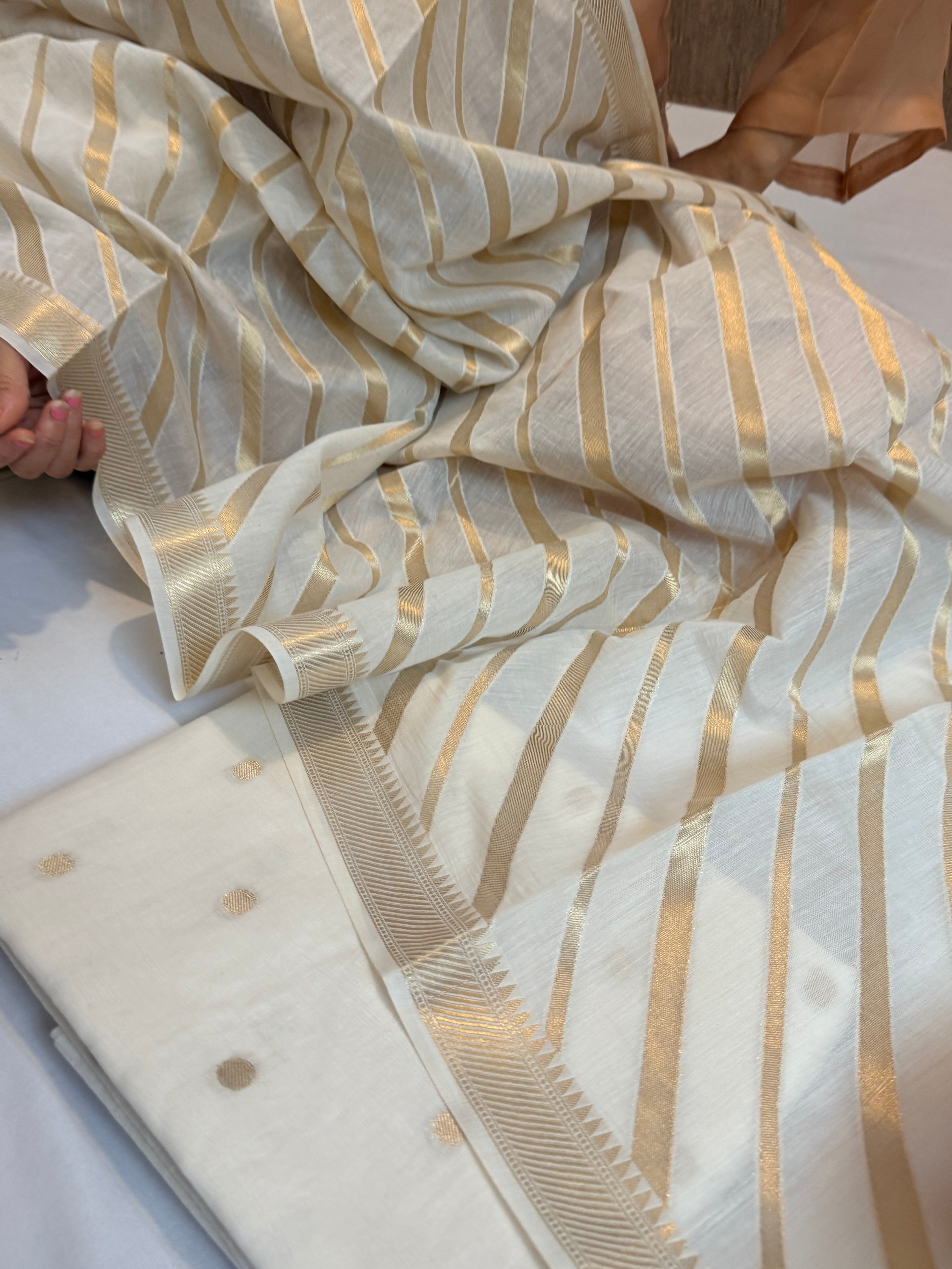 BELOW 8K - Ivory zari cotton striped kadhwa buti banarasi suit set