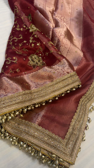 Trousseau edit - Reddish-brown husn tissue silk saree heavy hand embroidered saree