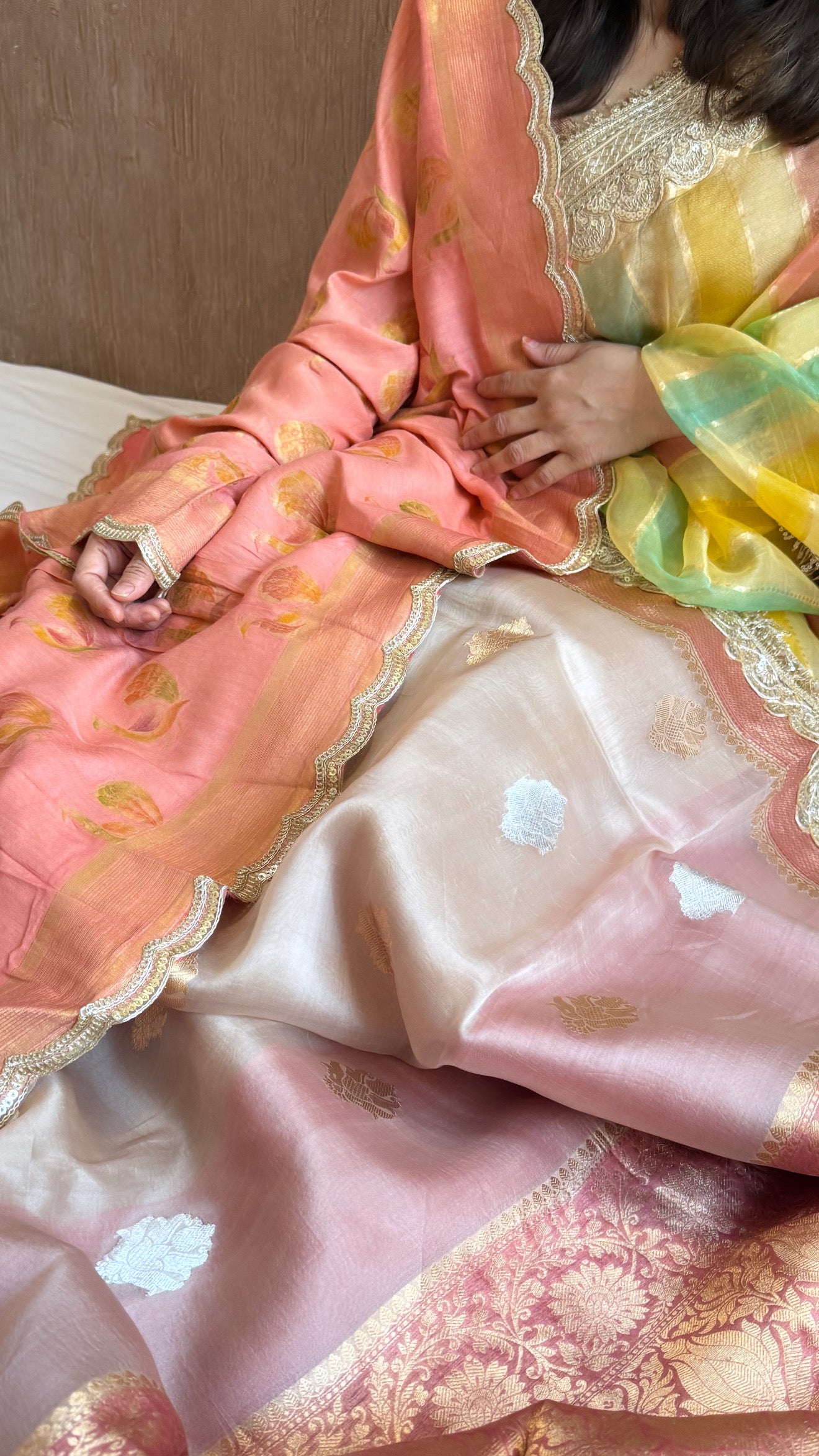 Kora silk chap dye contrast border kadhwa saree paired with moonga silk duppata