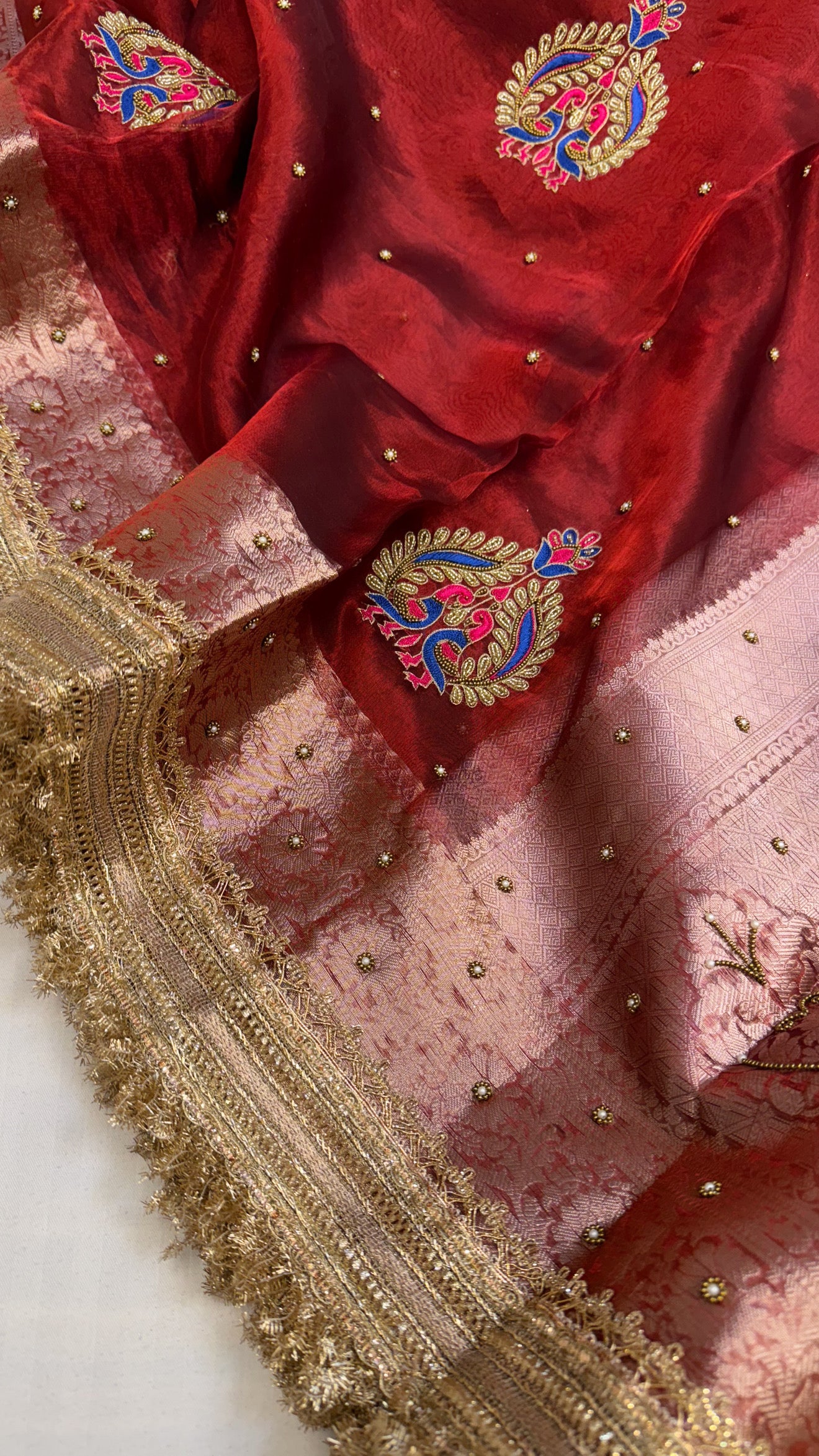 Baarat wali saree - Hot red husn tissue silk hand embroidered saree