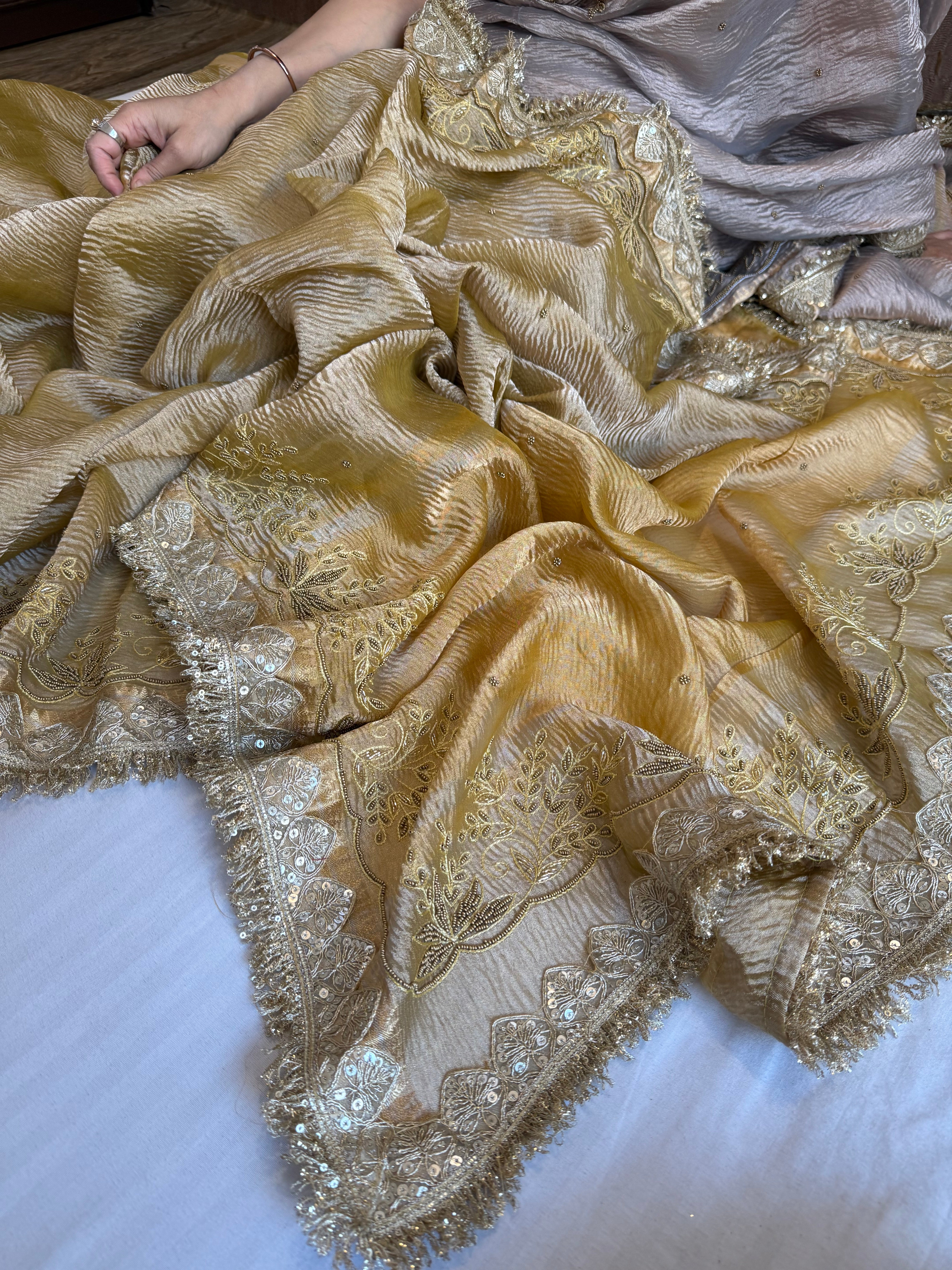 Olive gold crushed tissue silk hand embroidered kadhwa saree