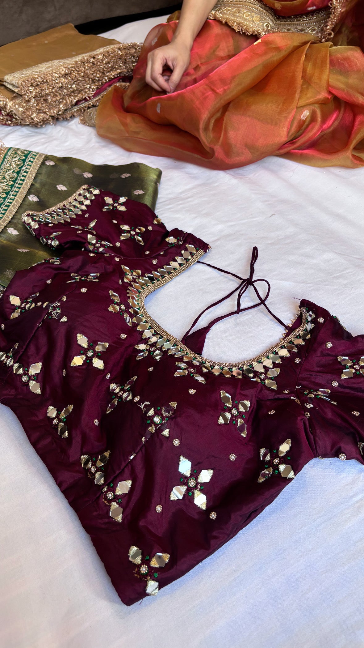 Sitara maroonish red katan silk mirror hand embroidered stitched blouse                                                 Size - 36 to 38