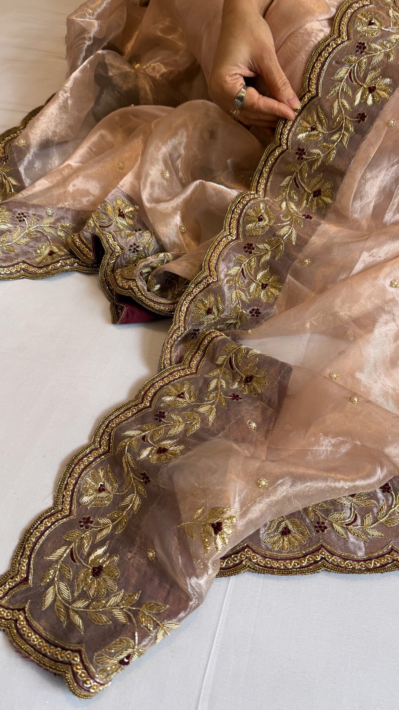 Diamond tissue silk floral kadhwa hand embroidered border