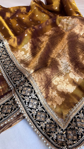 Mehfil chocolate brown tissue silk heavy hand embroidered saree