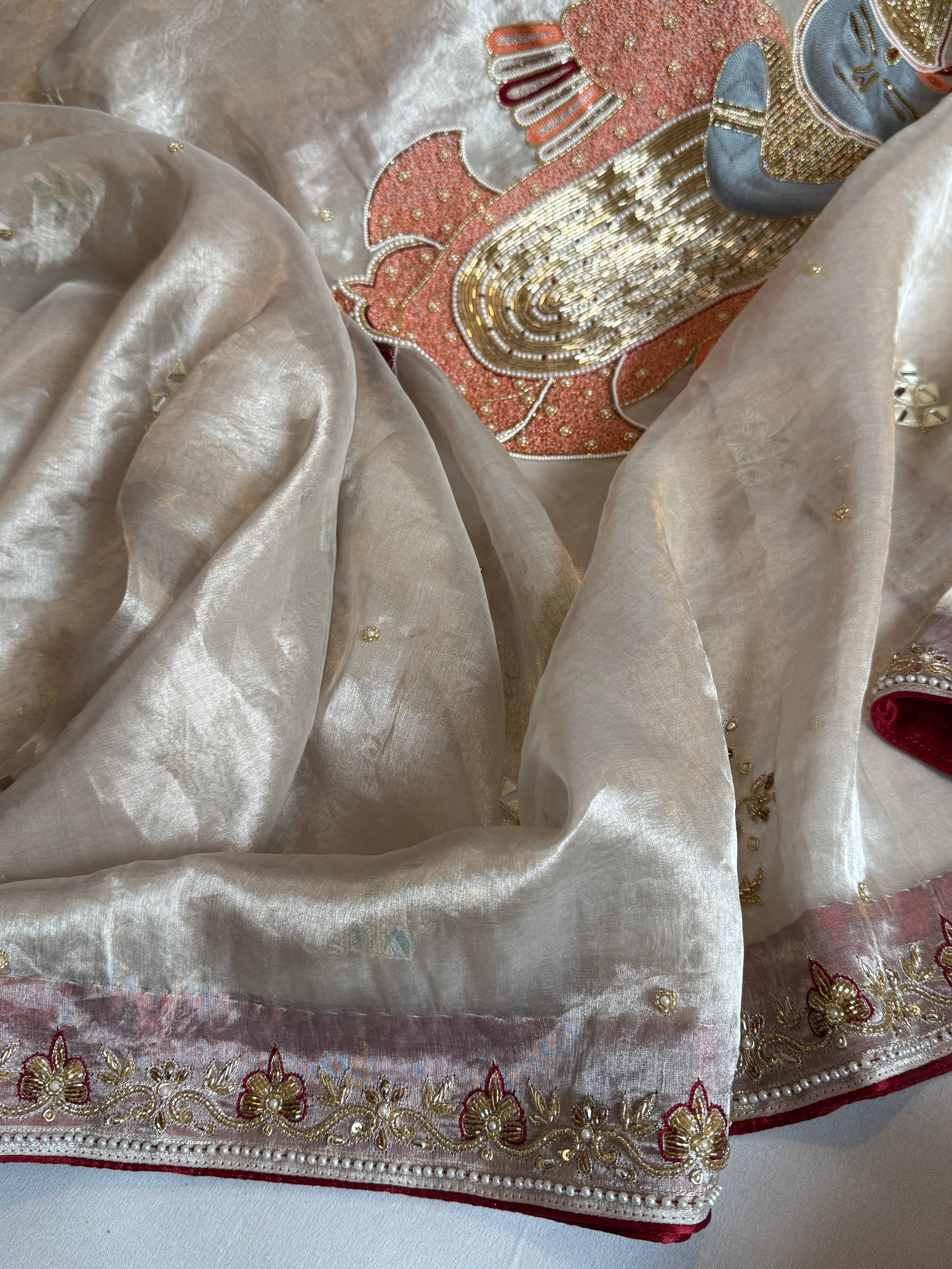 Radhika merchant inspired shreenathji motif diamond tissue silk hand embroidered saree