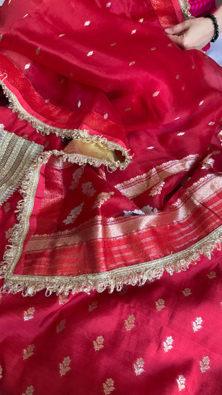 Deep red kora silk kadhwa buti gotapatti suit set