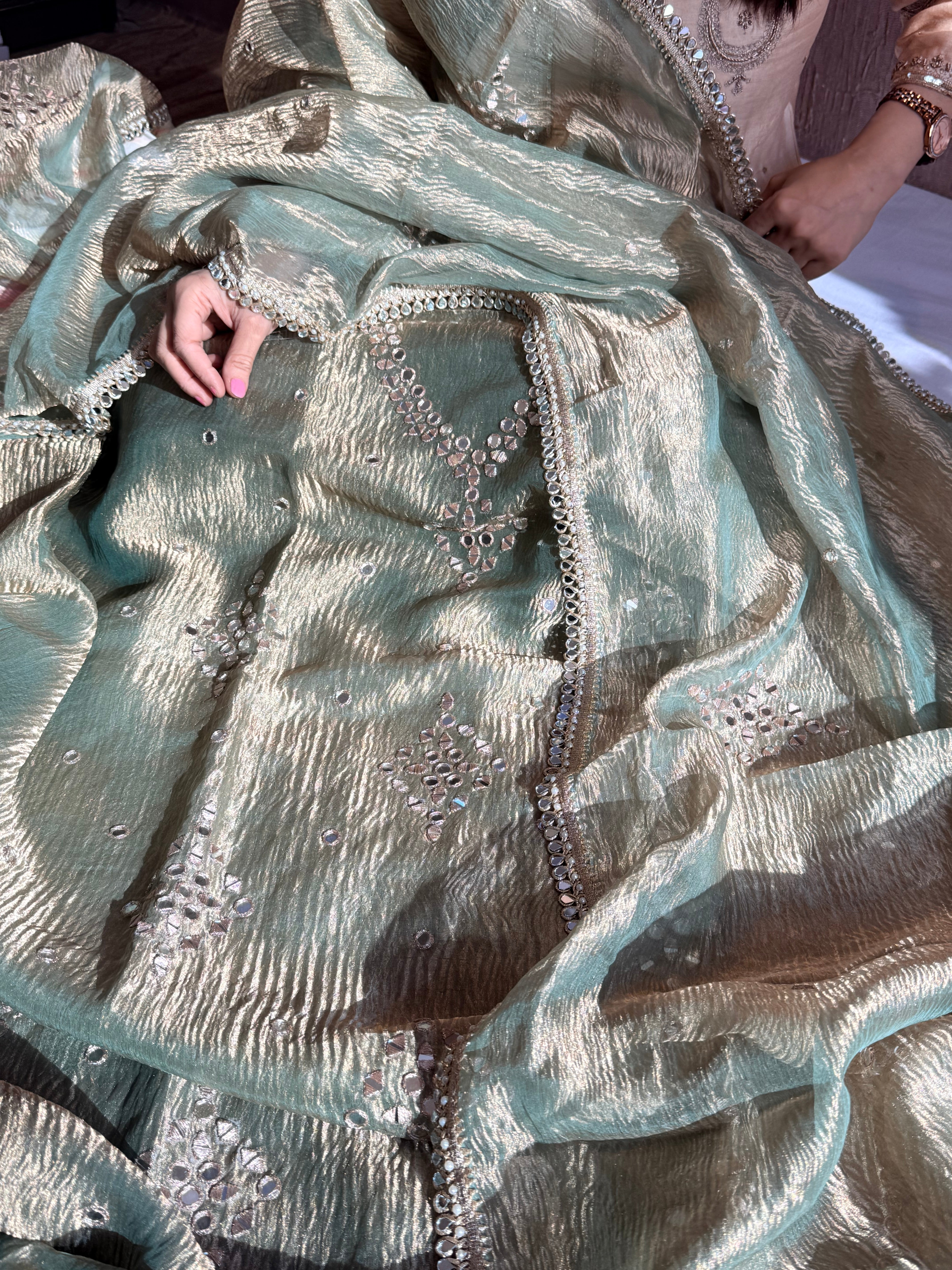 Banarasi tissue silk mirrorwork hand embroidered crushed suit sets