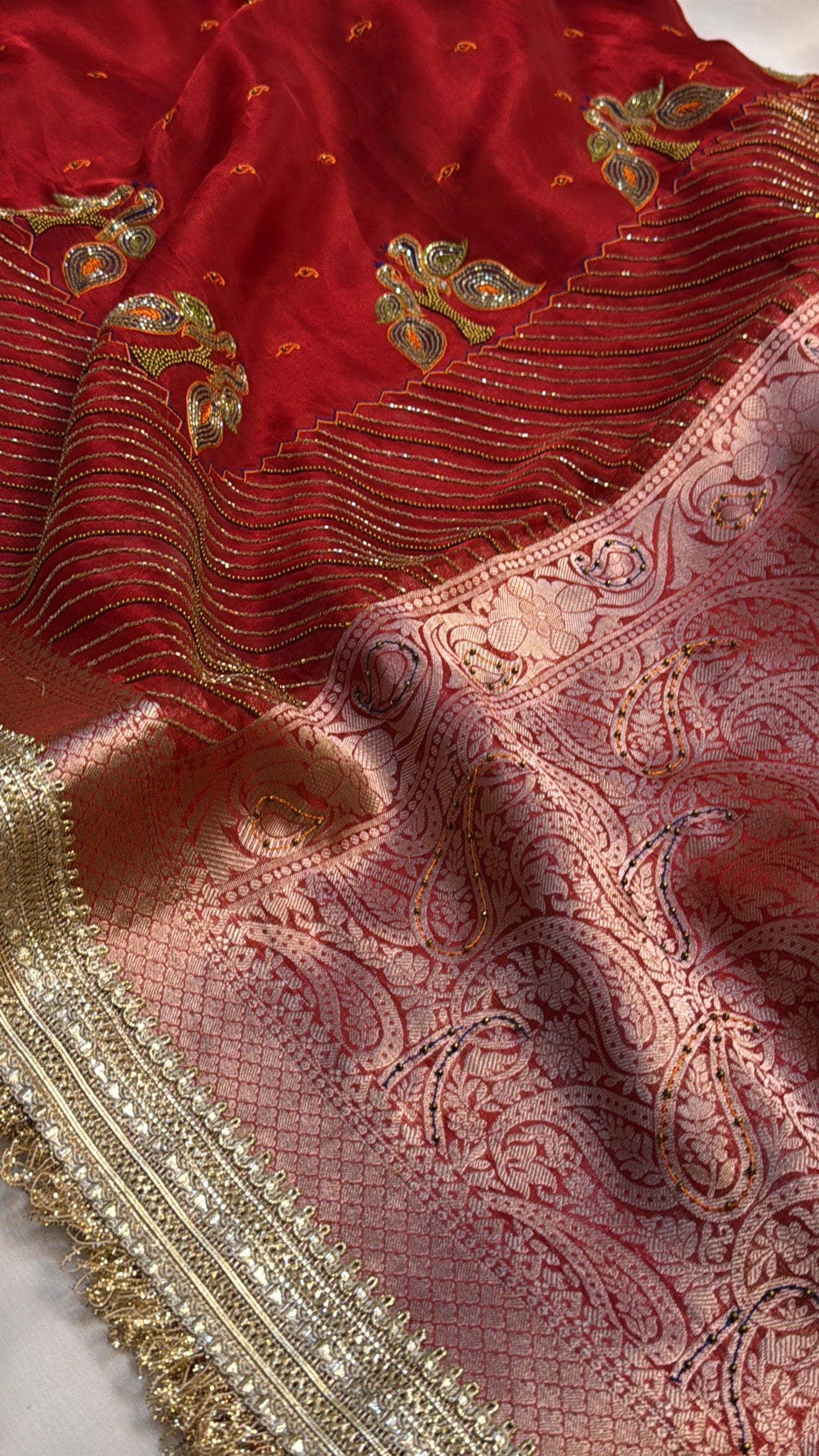 Dulhan ka joda husn red tissue silk hand embroidered saree