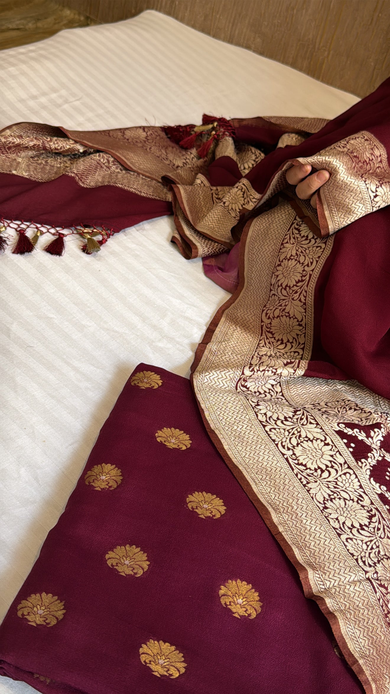 Blood maroonish banarasi gorgette kadhwa suit set