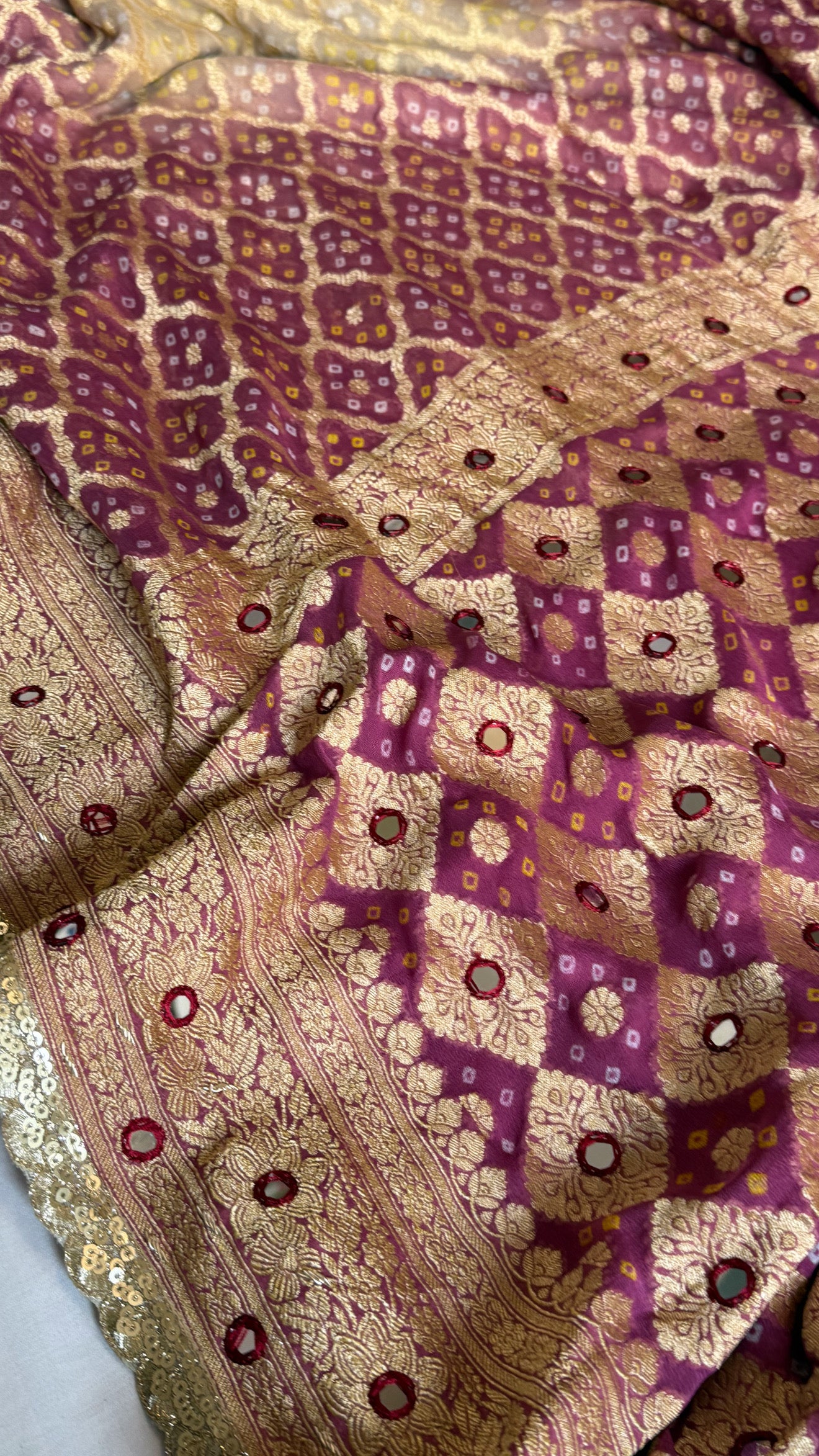 Lotus pink ombre shaded banarasi rai bandhej chiffon gorgette hand embroidered saree