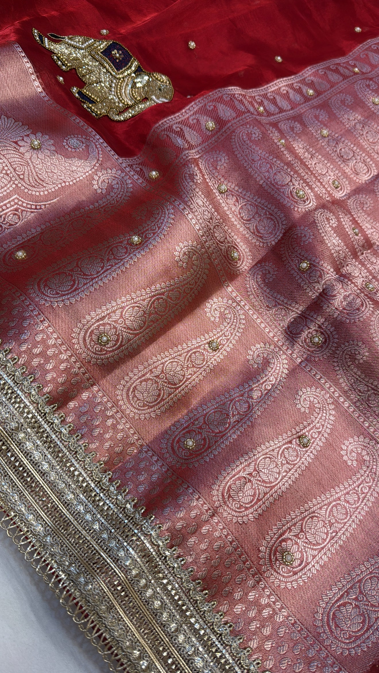 Bridal red husn tissue silk elephant motif hand embroidered saree