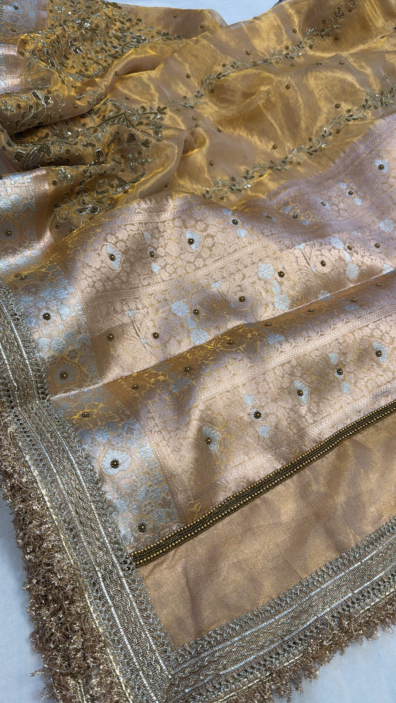 Golden husn tissue silk hand embroidered kadhwa saree