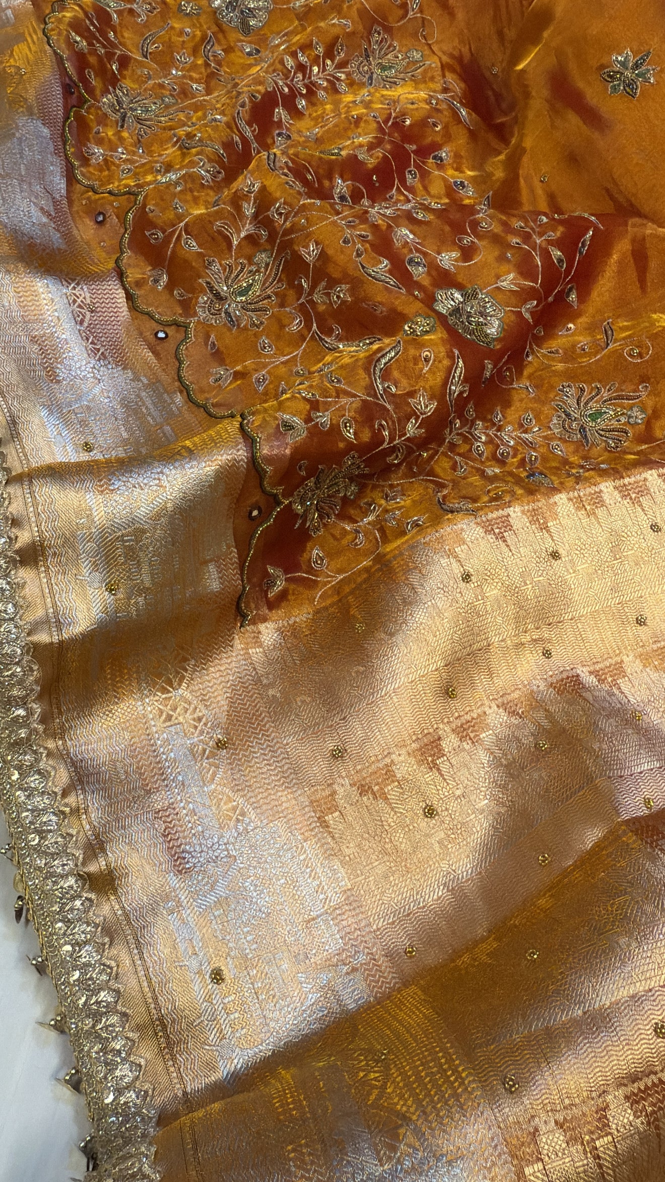 Burnt orange ghat woven border tissue silk heavy hand embroidered saree