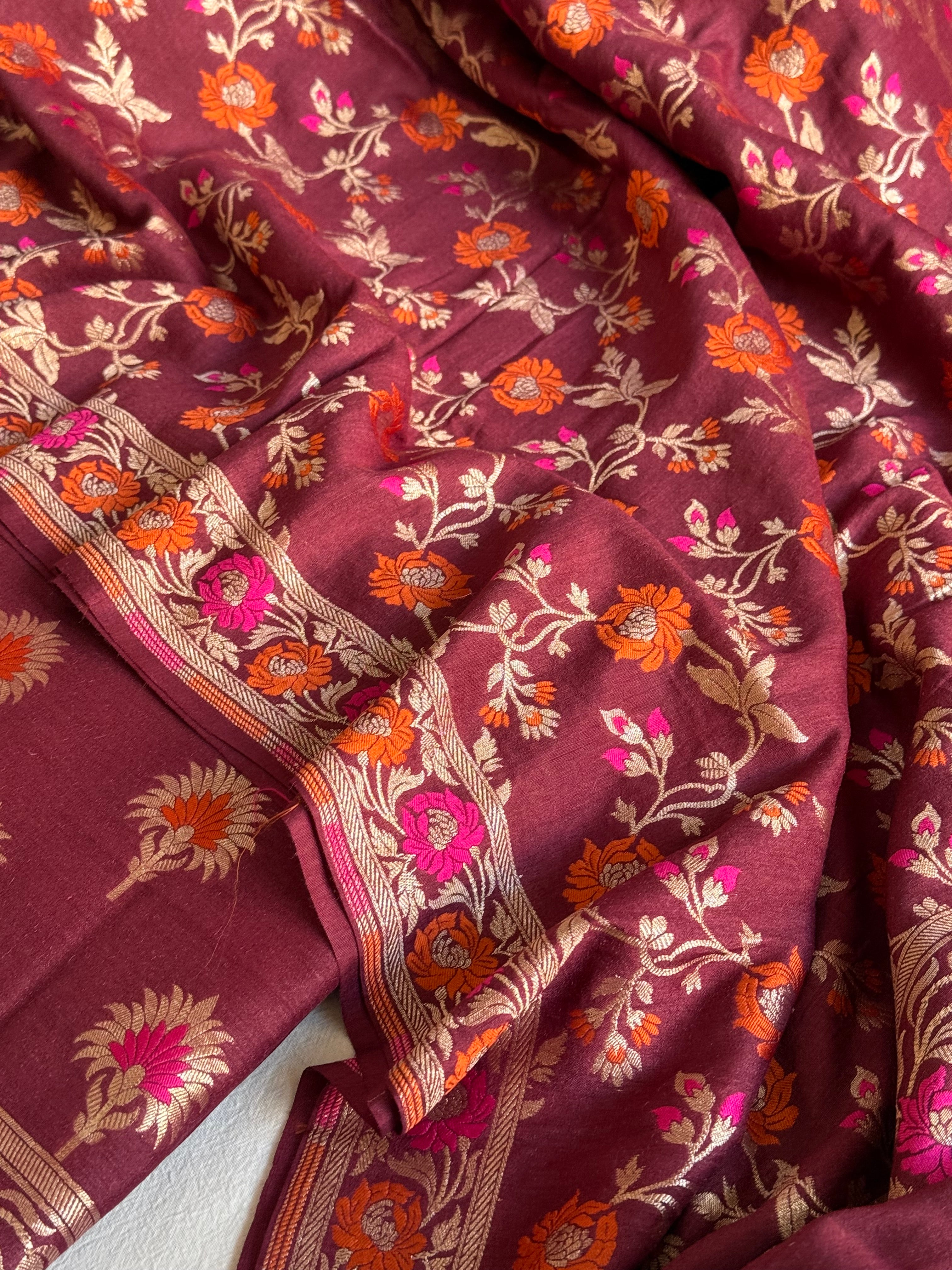 Moonga silk maroonish red meenakari kadhwa jaal suit set