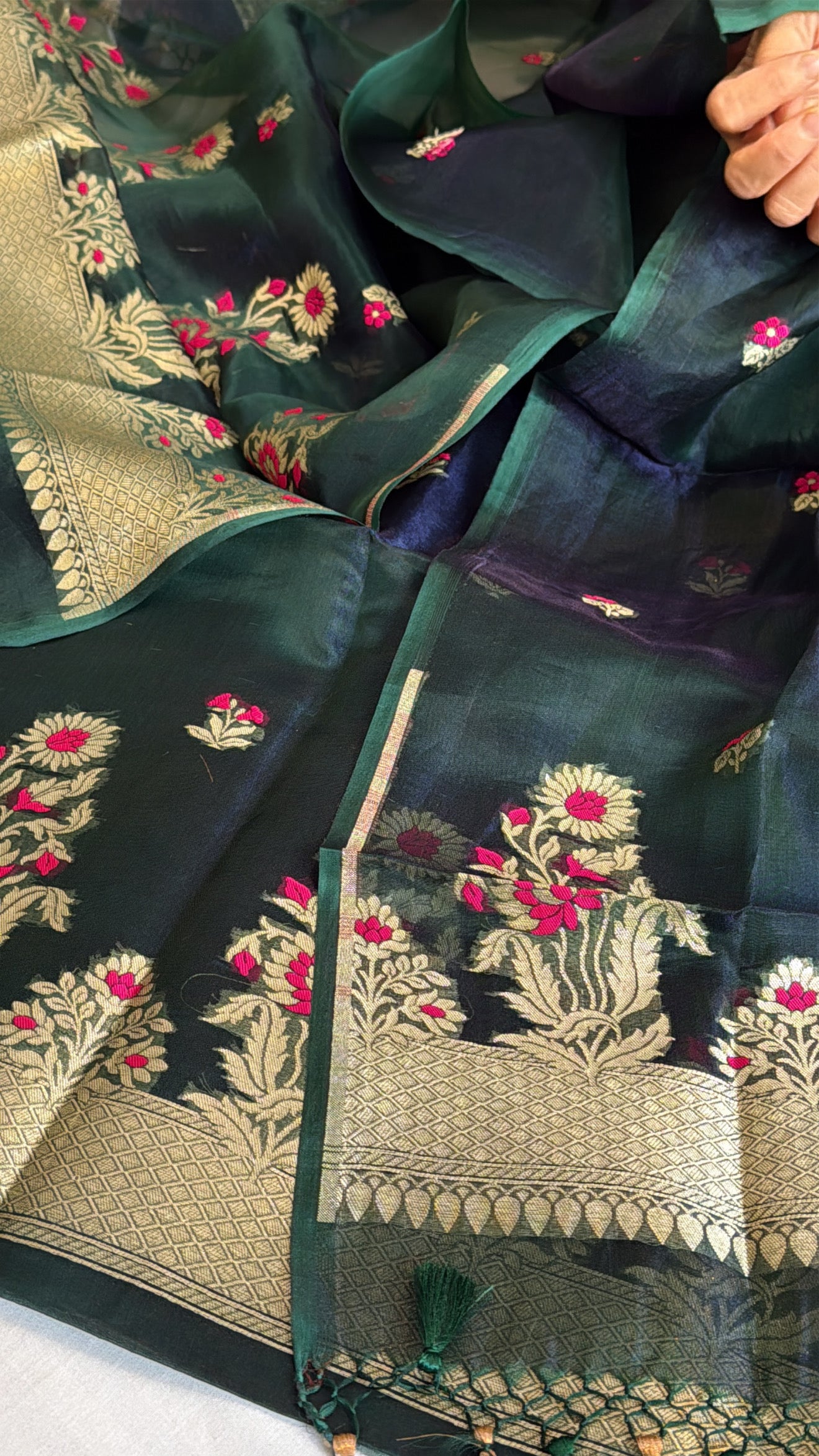 Bottle green dhup chao effect  silk meenakari kadhwa suit set