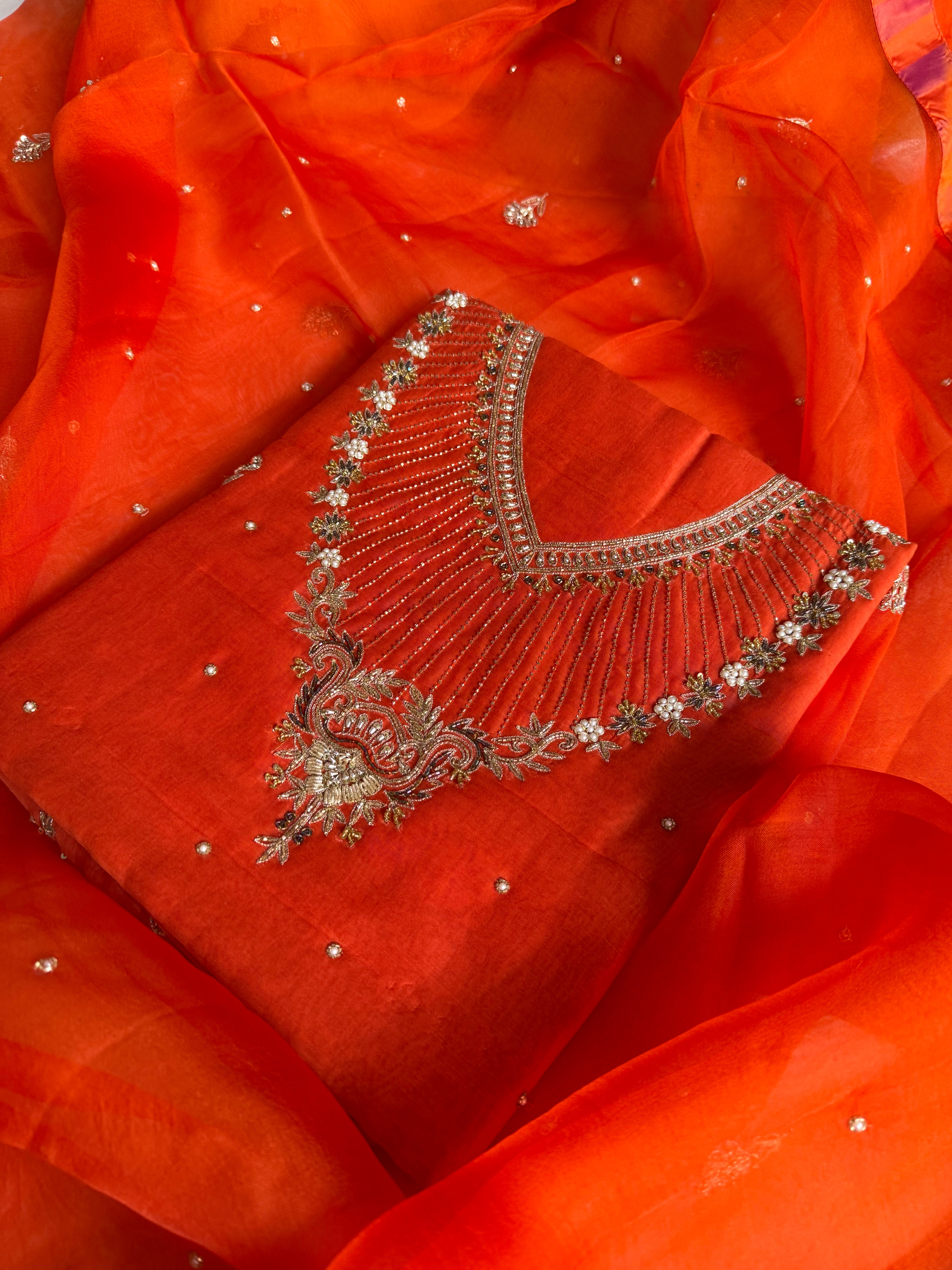 Banarasi formal wear mul cotton fanta orange hand embroidered kurta paired with kora silk banarasi border duppata set