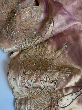 Husn blush pink tissue silk heavy hand embroidered saree