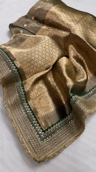 Maharani army green tissue silk kadhwa buti saree