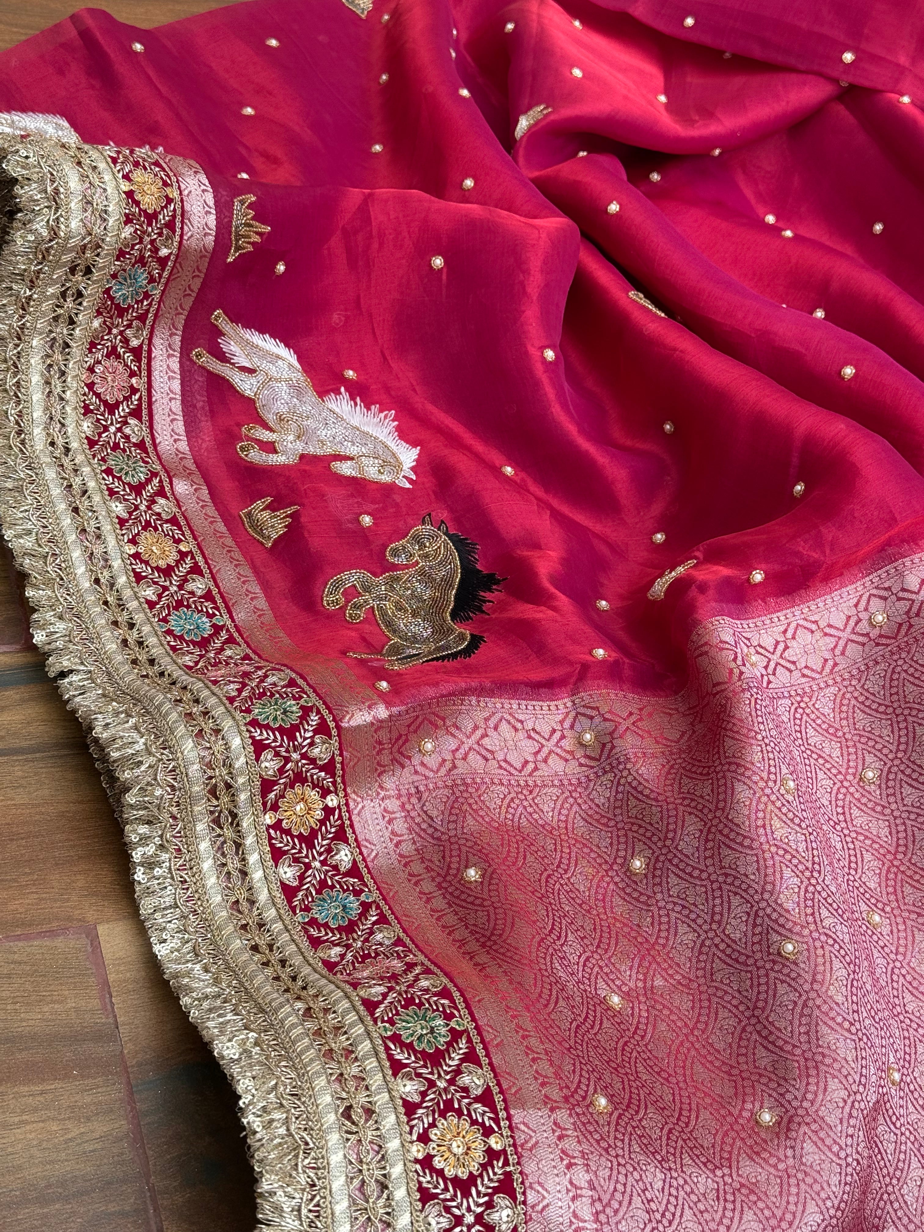 Horse hand embroidered motif cherry pinkish red dhup chao effect tissue silk banarasi gotapatti kadhwa saree