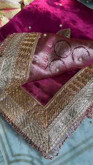Husn hot fuchsia pink tissue silk elephant motif hand embroidered saree