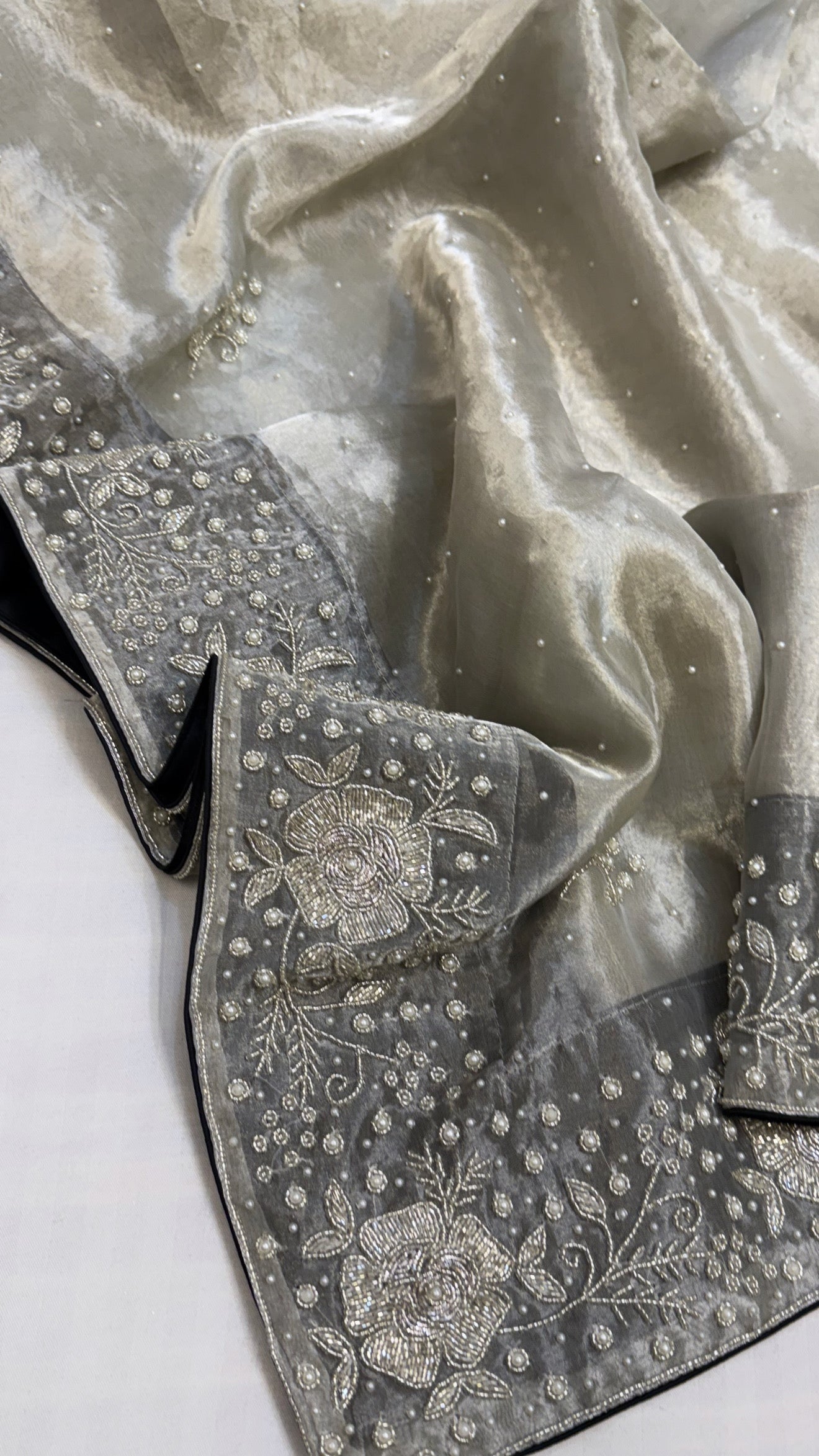 Heere aur moti edit- Ivory diamond tissue silk heavy pearl zardozi work hand embroidered saree