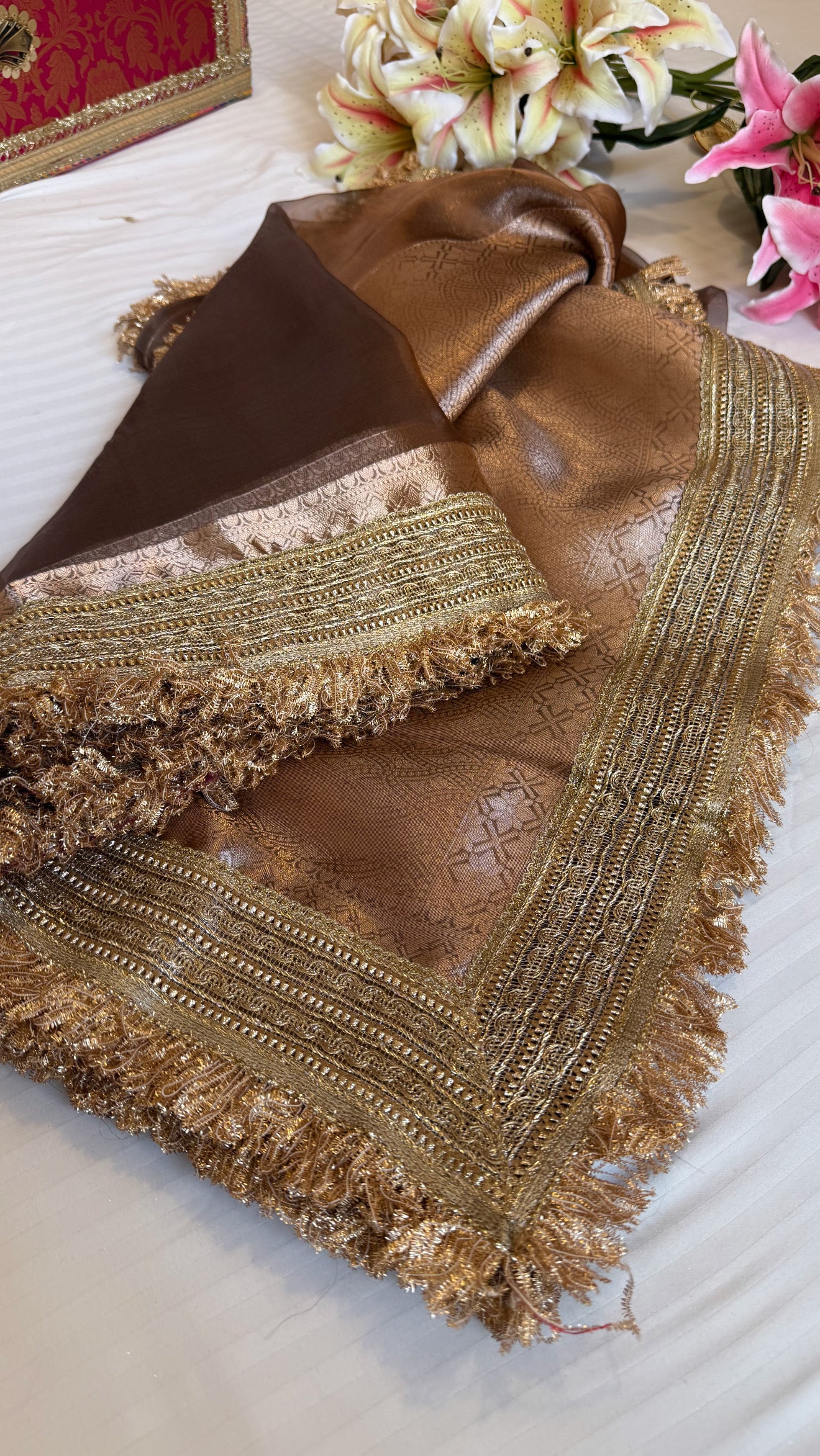 Most viral maharani rose brown tissue silk saree